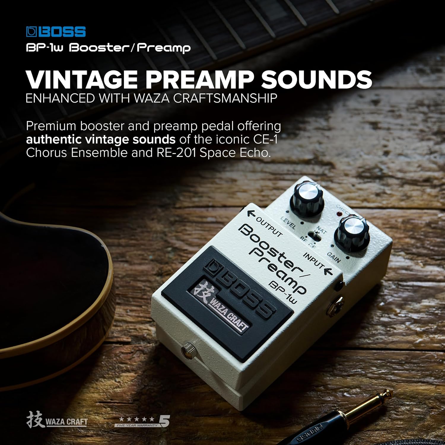 BOSS BP-1W Booster/Preamp | Premium Waza Craft Guitar Effect Pedal with Analog Circuitry | Vintage Sounds from the BOSS CE-1 Chorus Ensemble & Roland RE-201 Space Echo | Standard & Vintage Buffer