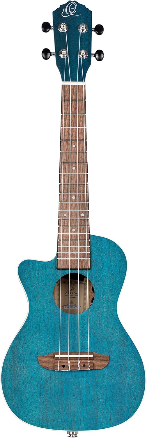 Ortega Guitars, 4-String Earth Series Concert Left-Handed Acoustic/Electric Ukulele, Transparent Ocean Blue, (RUOCEAN-CE-L)