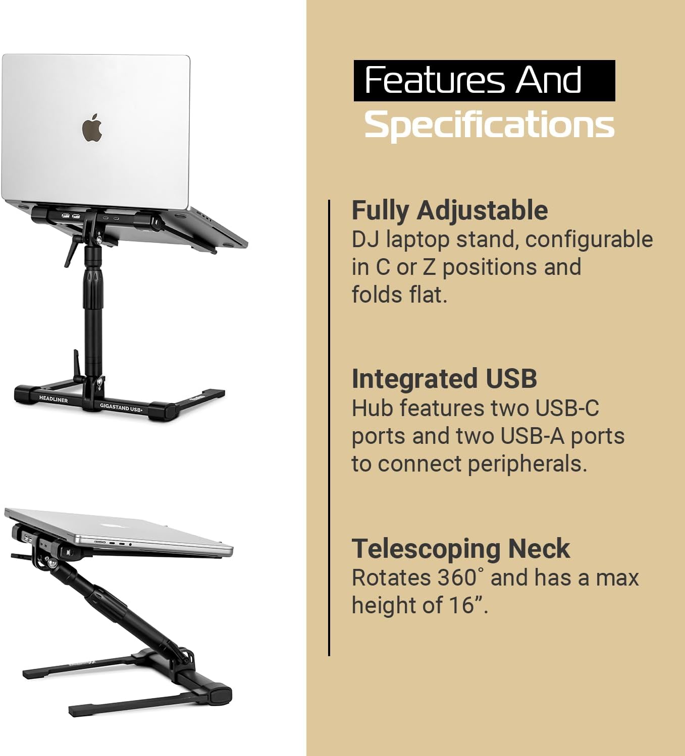 Headliner Gigastand USB+, Adjustable DJ Laptop Stand with Integrated USB-C Hub - Steel & Aluminum Construction, Foldable Design, Telescoping Neck - Perfect for DJs, Musicians, and Creators