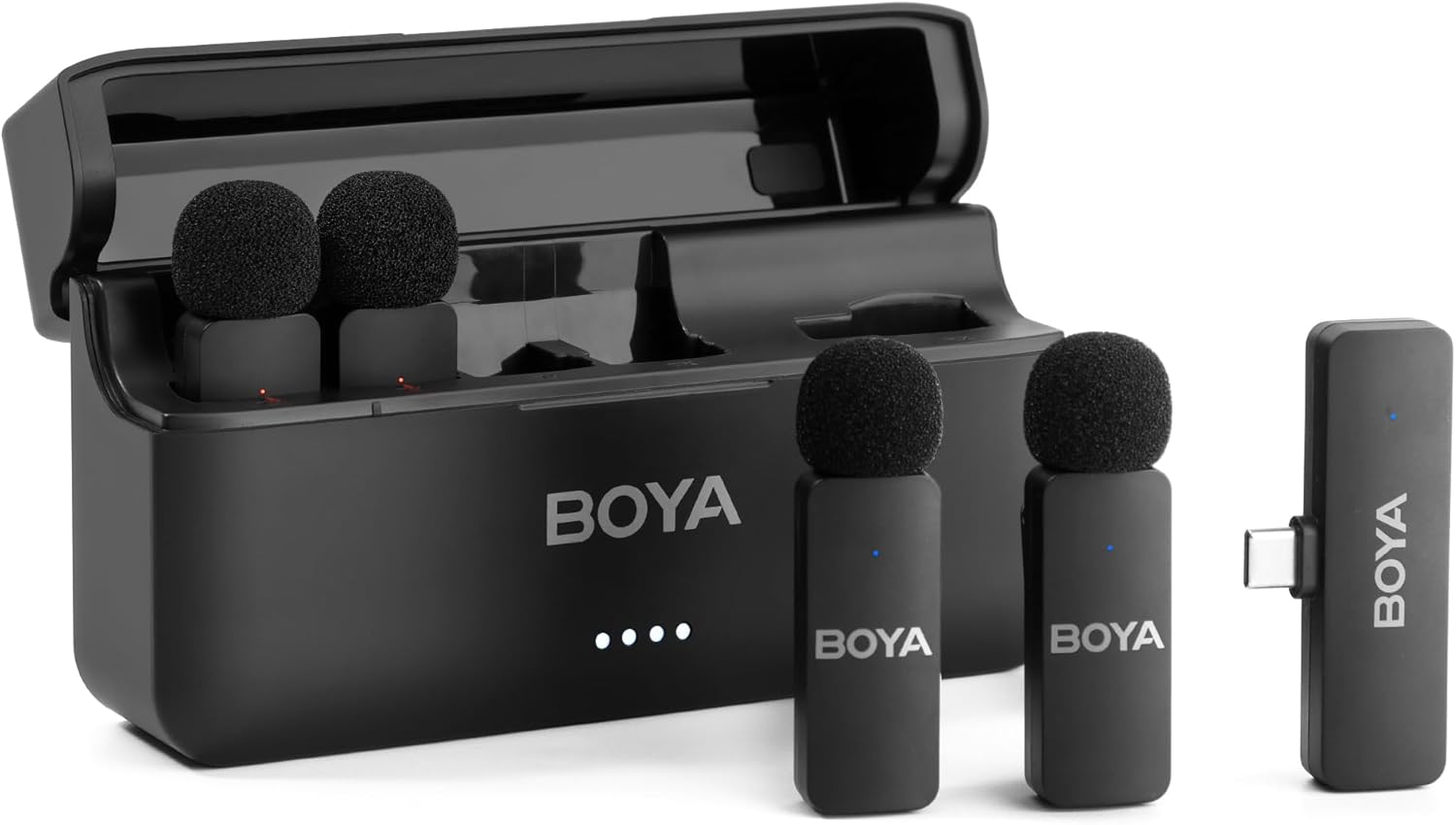 BOYA BY-V4U Wireless Lavalier Microphone for iPhone 15/16 Series Type C Smartphone with Charging Case, 4-Channel Mono Output, Omnidirectional Noise Cancelling Lapel Mic for Video Recording Podcast