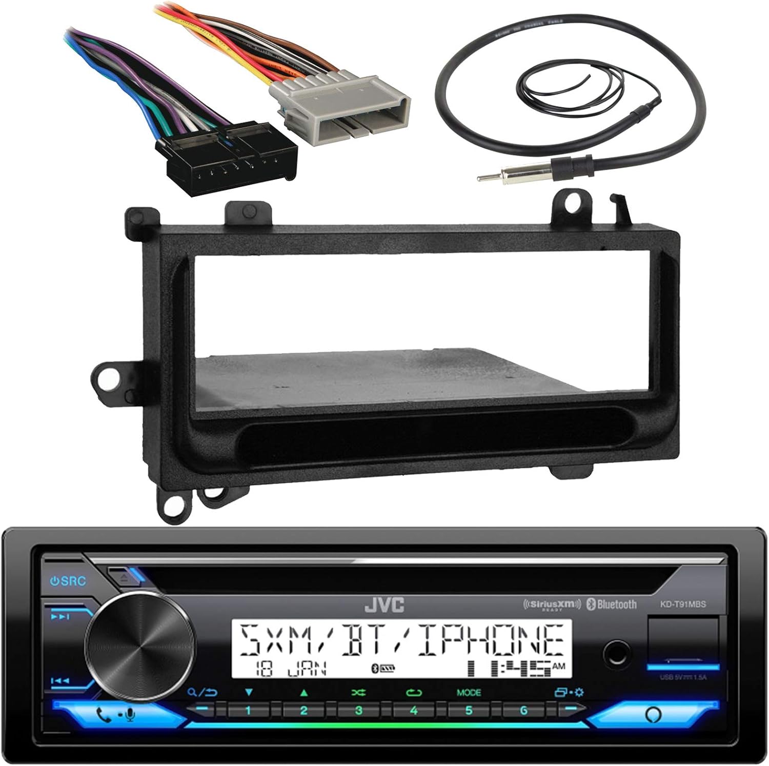 JVC KD-T91MBS Car CD Player MP3 iPod Bluetooth USB AUX Stereo Receiver Bundle Combo W/ Metra Installation Kit For 1974-2003 Chrysler/Dodge/Jeep Cars + Radio Wiring Harness + Enrock Wired Antenna