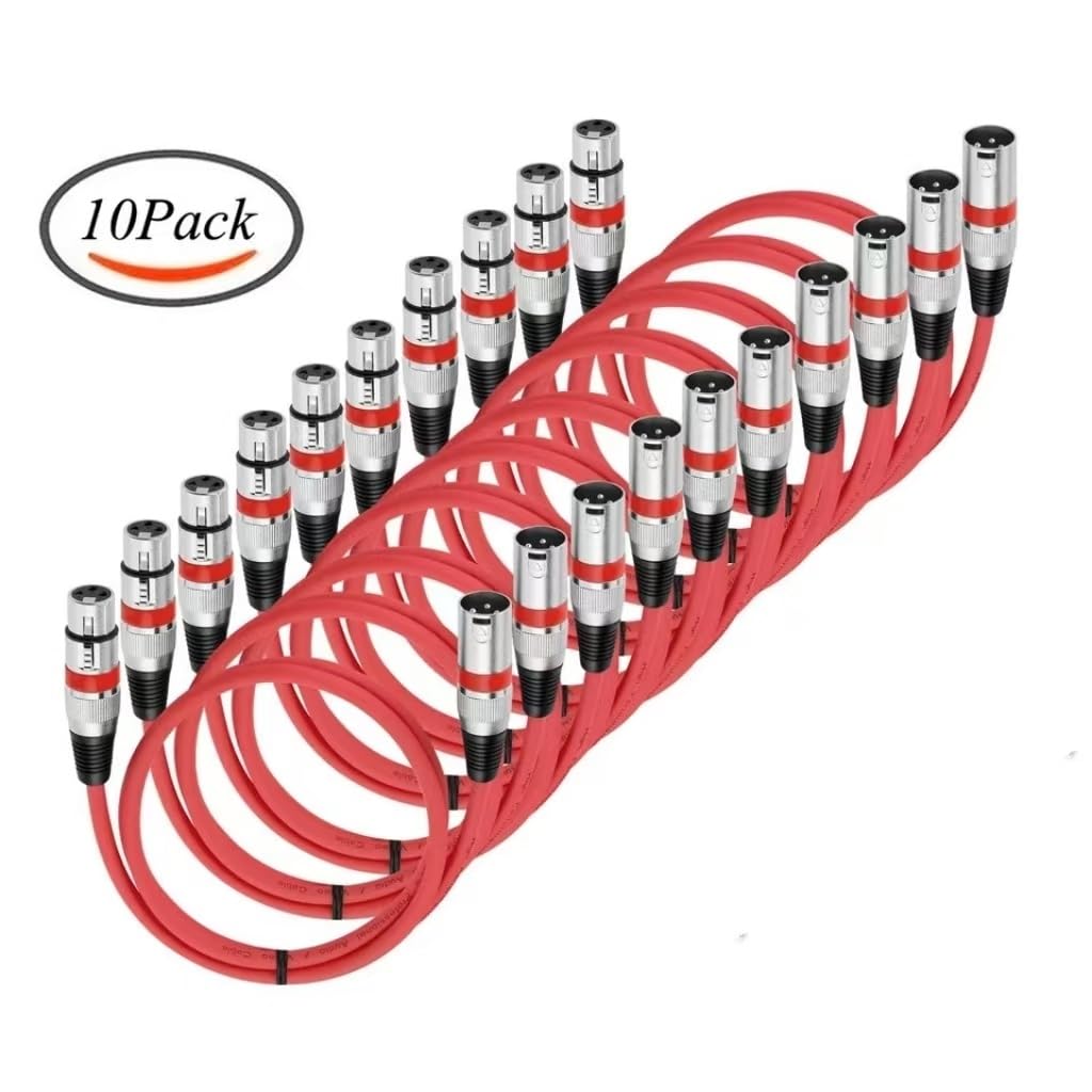 1m, 3 Pin XLR Cable Male to Female M/F Audio Cable Foil + Braided Shield for Microphone Mixer Amplifier Stage Light 10-Pack(Red Set)