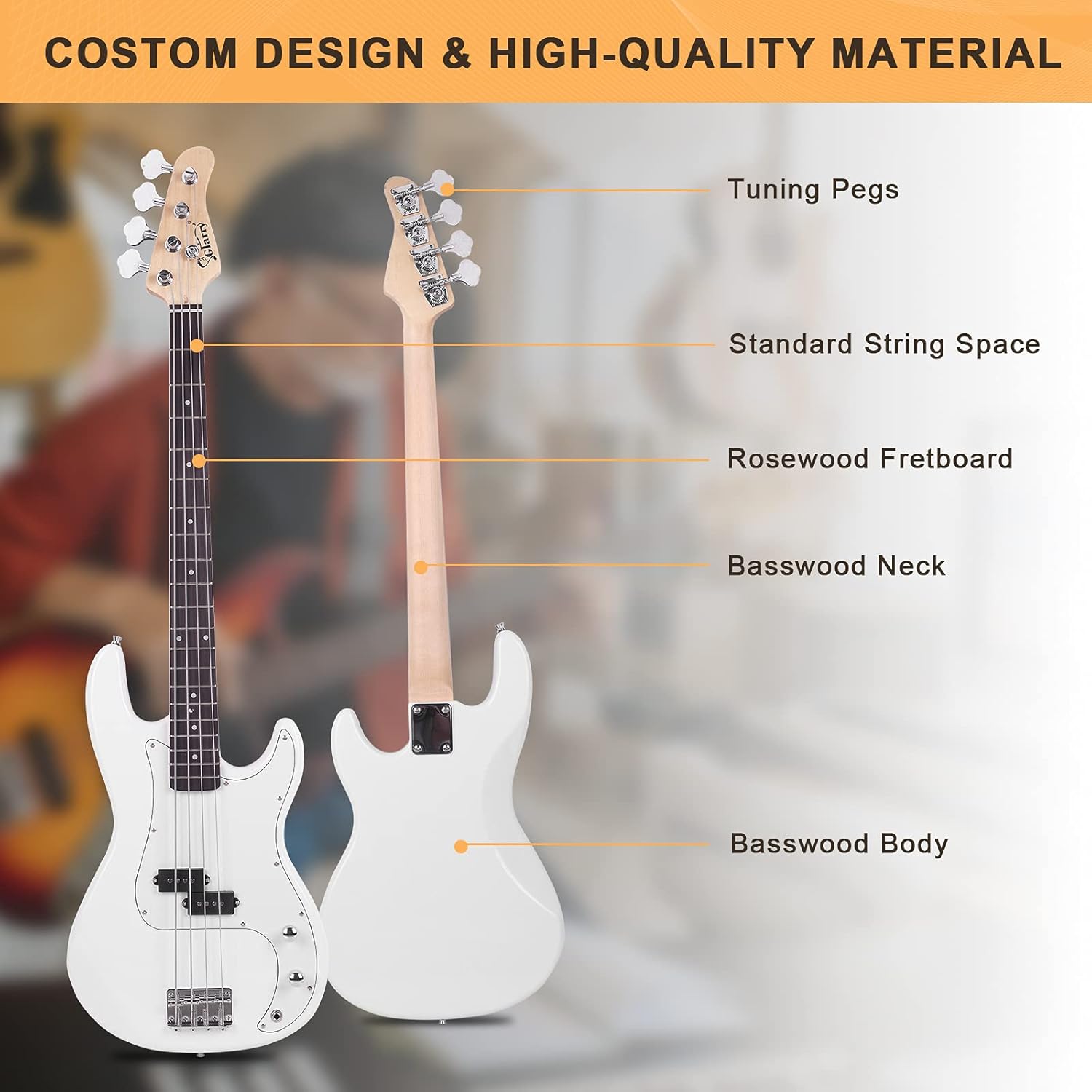 Glarry Electric Bass Guitar Full Size 4 String Rosewood Basswood Fire Style Exquisite Burning Bass (White)