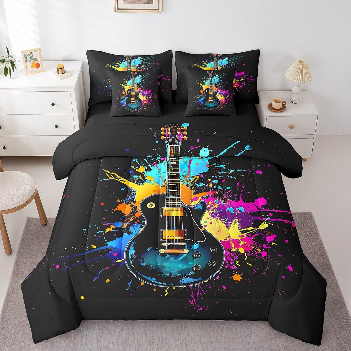 Feelyou Rock Music Bass Comforter Set 7 Piece Queen Size Kids Boys Girls Bedding Queen Comforter Set Guitar Bedding Set Soft Microfiber Bed Set with Sheets Pillowcase and Pillow Covers