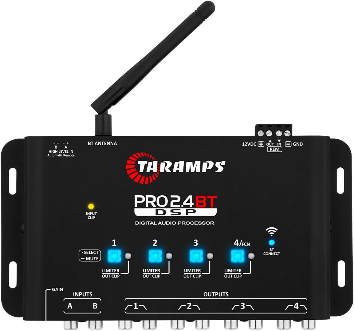 Taramps Pro 2.4 BT Bluetooth DSP Crossover Full, Digital Signal Processor, Car Audio Equalizer with App, Gain up to 9V, 15 Band Graphic Equalization, 12 preset EQ, 2 in and 4 Out, High Level Input