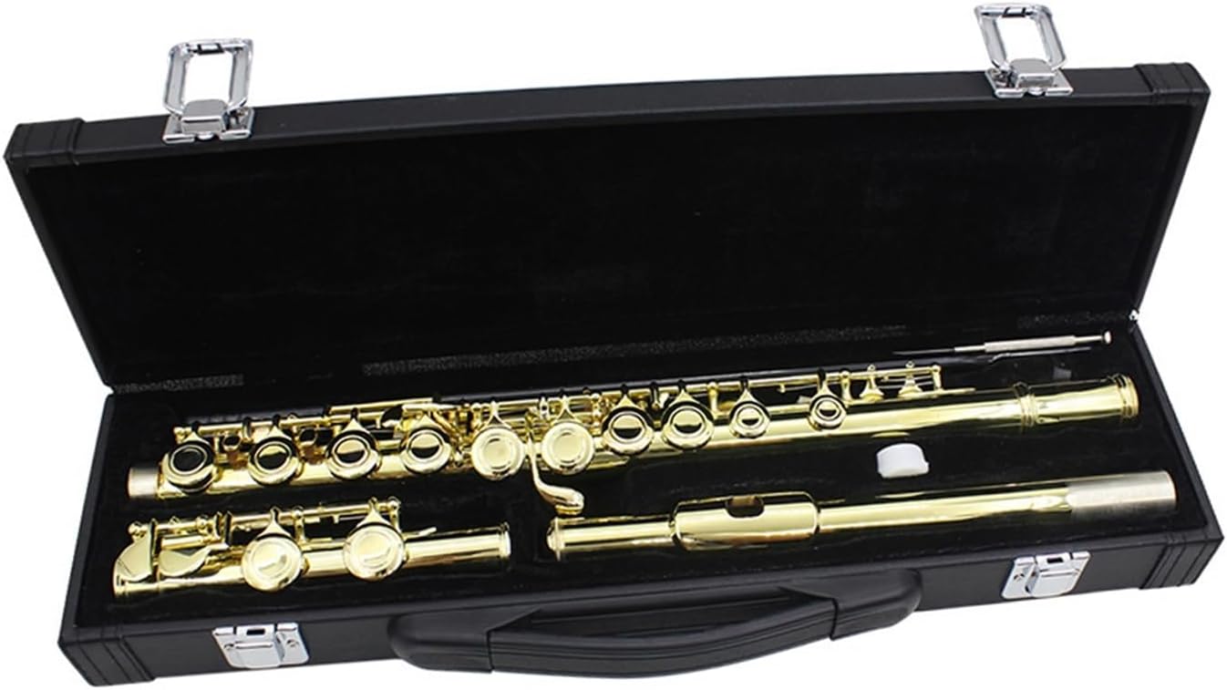 Flute Golden 16 Holes C Tone Flute with E Key Woodwind Instrument Closed Hole Gold-Plated Keys Cupronickel Tube with Case Flutes Musical Instruments