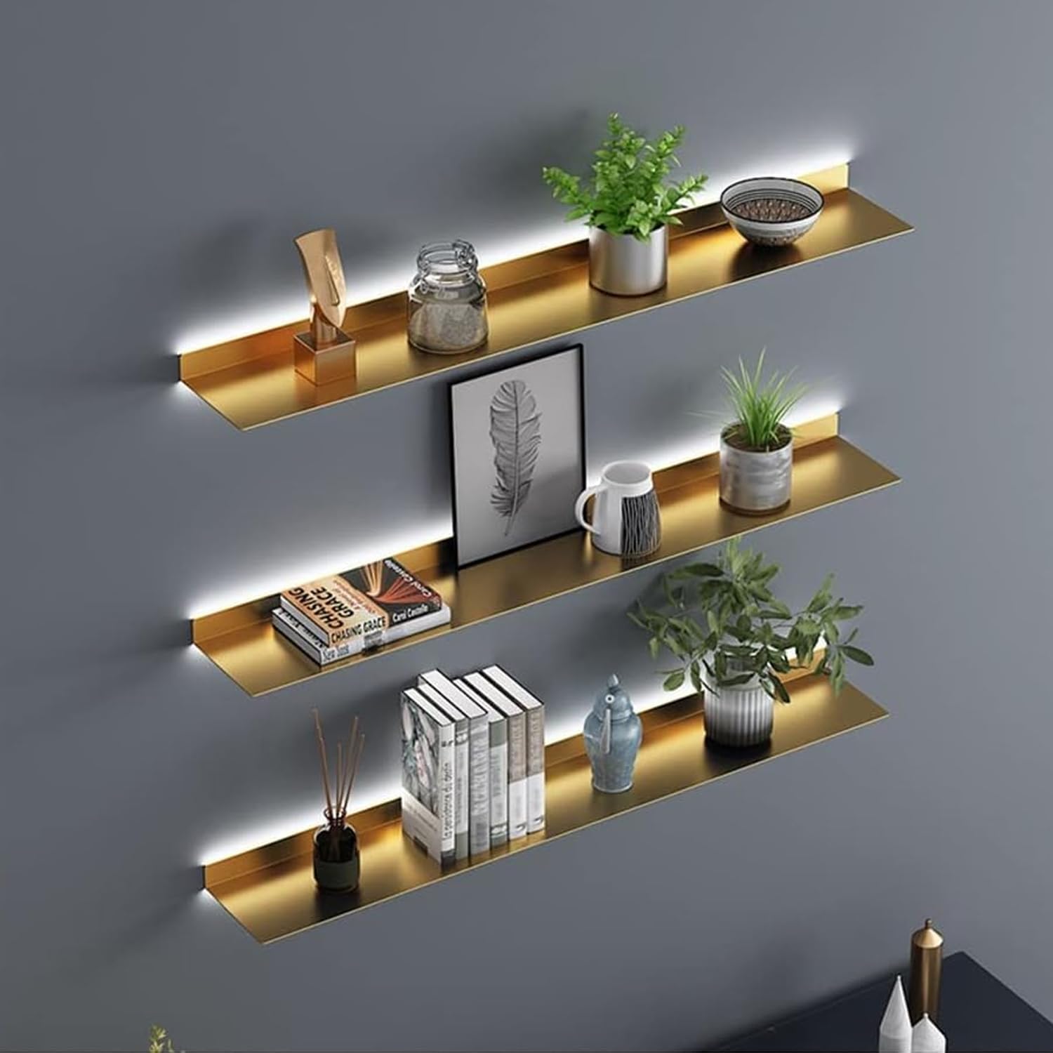 1pcs Metal Floating Book Shelves, with Built-in Illuminated LED Light, Modern Wall Mount Lighting Organizer, Creative Wall Storage Shelf, for Bedroom, Kitchen, Bathroom,White,180cm (Gold 100cm)