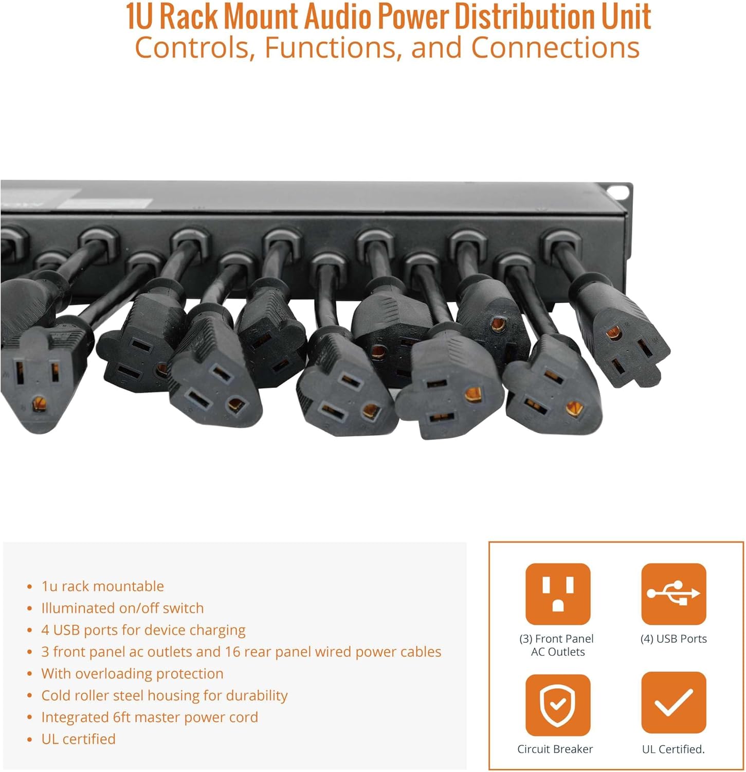 Tecmojo 1U Rack Mount 19 Outlet PDU Power Distribution Unit Power Strip Circuit Breaker fits 19-inch AV/Network/Server Cabinet/Closet/Enclosure