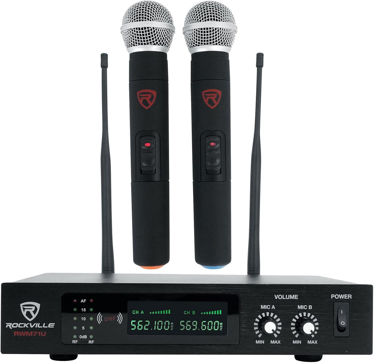 Rockville RWM71U Dual UHF Wireless Handheld Microphone System, Metal Receiver, 400ft Range, Auto Sync, LCD Display, XLR + 1/4