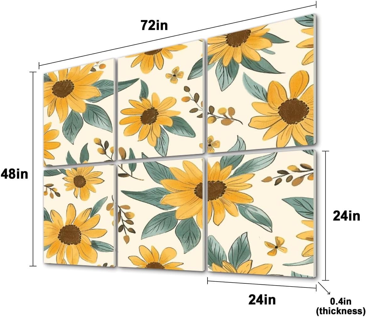 6 Pack Art Acoustic Panels Sunflower seamless pattern Yellow daisy ornament for fabric other Soundproof Wall Panels, 48