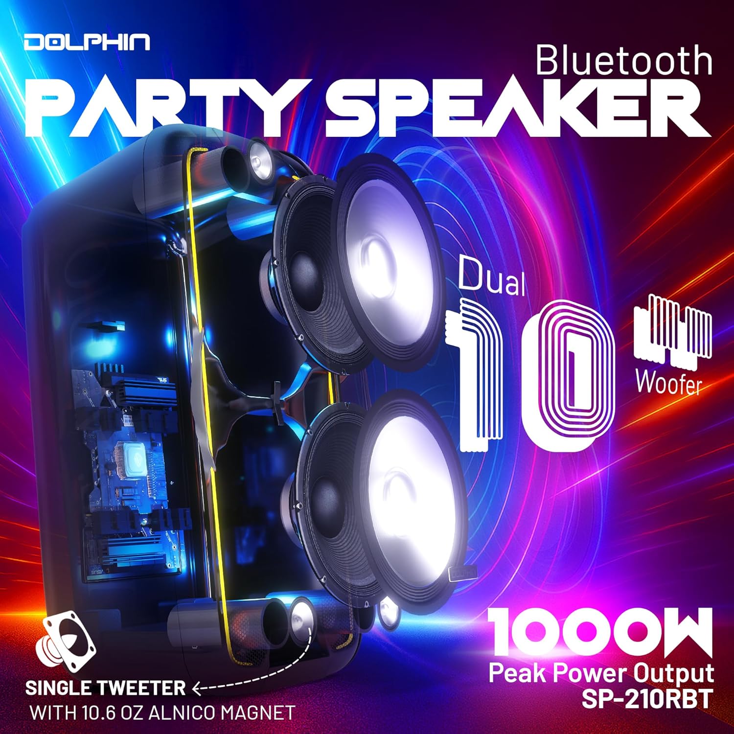 Dolphin 1000W Karaoke Party Speaker with 2 Wireless Microphones, Bluetooth, LED Lights, Tailgate Ready, and Long-Lasting Battery