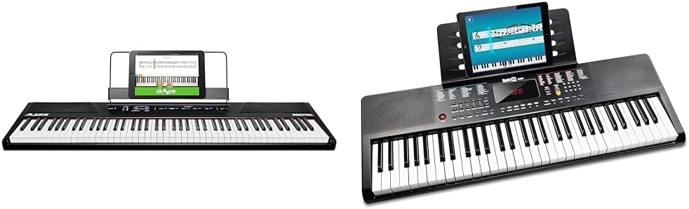 Alesis Recital – 88 Key Digital Piano Keyboard with Semi Weighted Keys & RockJam Compact 61 Key Keyboard with Sheet Music Stand, Power Supply, Piano Note Stickers & Simply Piano Lessons