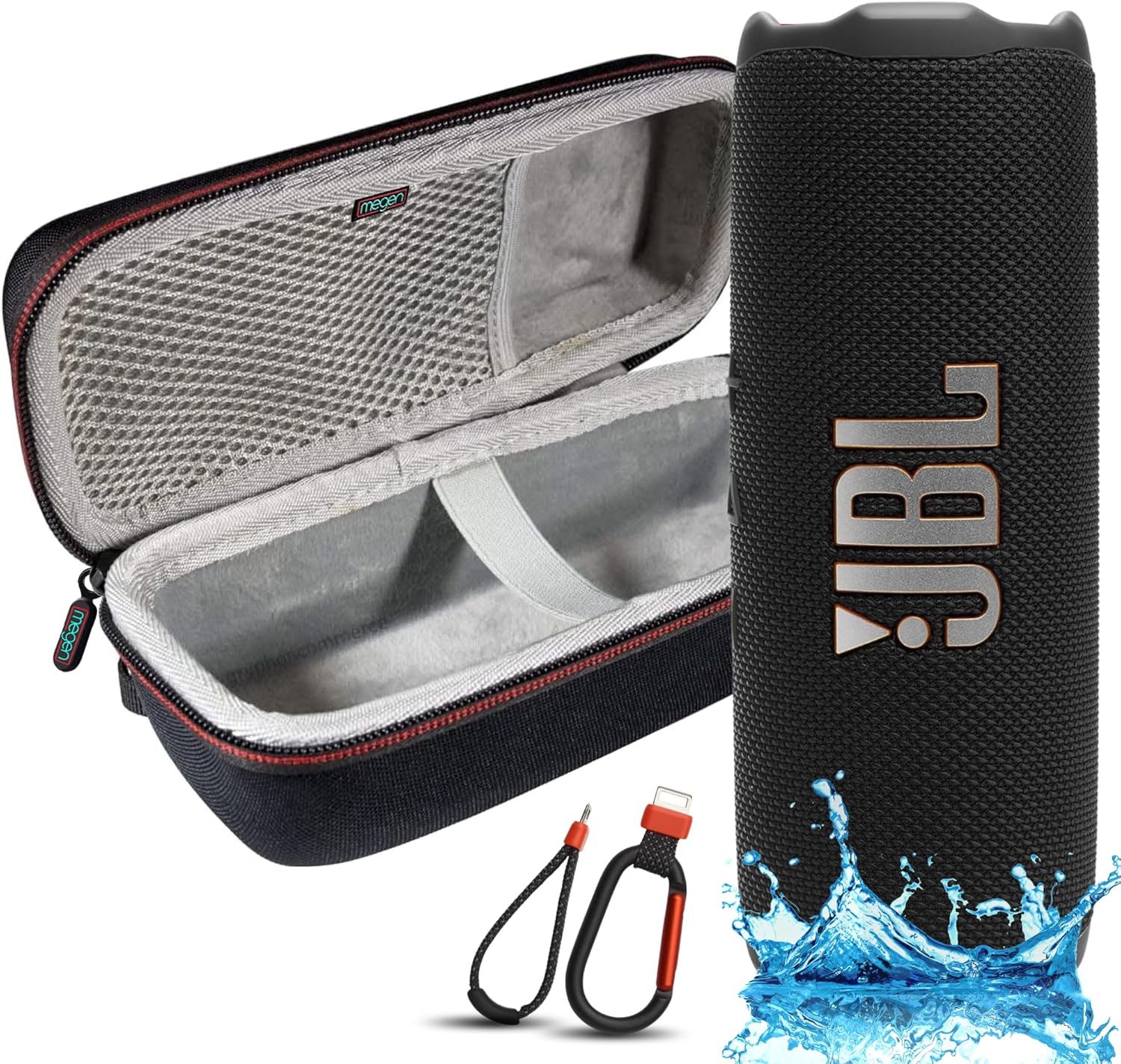 JBL Flip 7 Portable Bluetooth Speaker, IP68 Waterproof, Dustproof, Drop-Proof, PushLock System, AI Sound Boost, 16H Battery, Megen Hardshel Protection Case (Black)