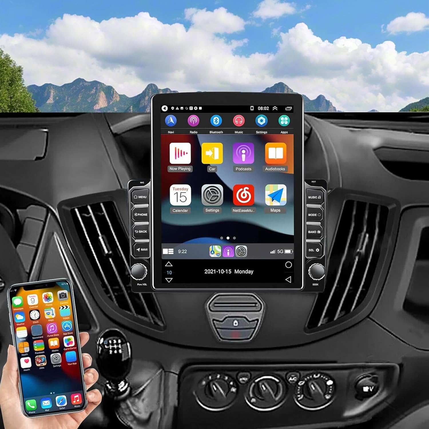 PHEZEN Car Radio Fit for Ford Transit Custom 2013 2014 2015 2016 2017 2018 2019, 9.7Inch Touchscreen Car Radio w/Wireless CarPlay Android Auto GPS WiFi Bluetooth Multimedia Player AHD Camera 2+32G