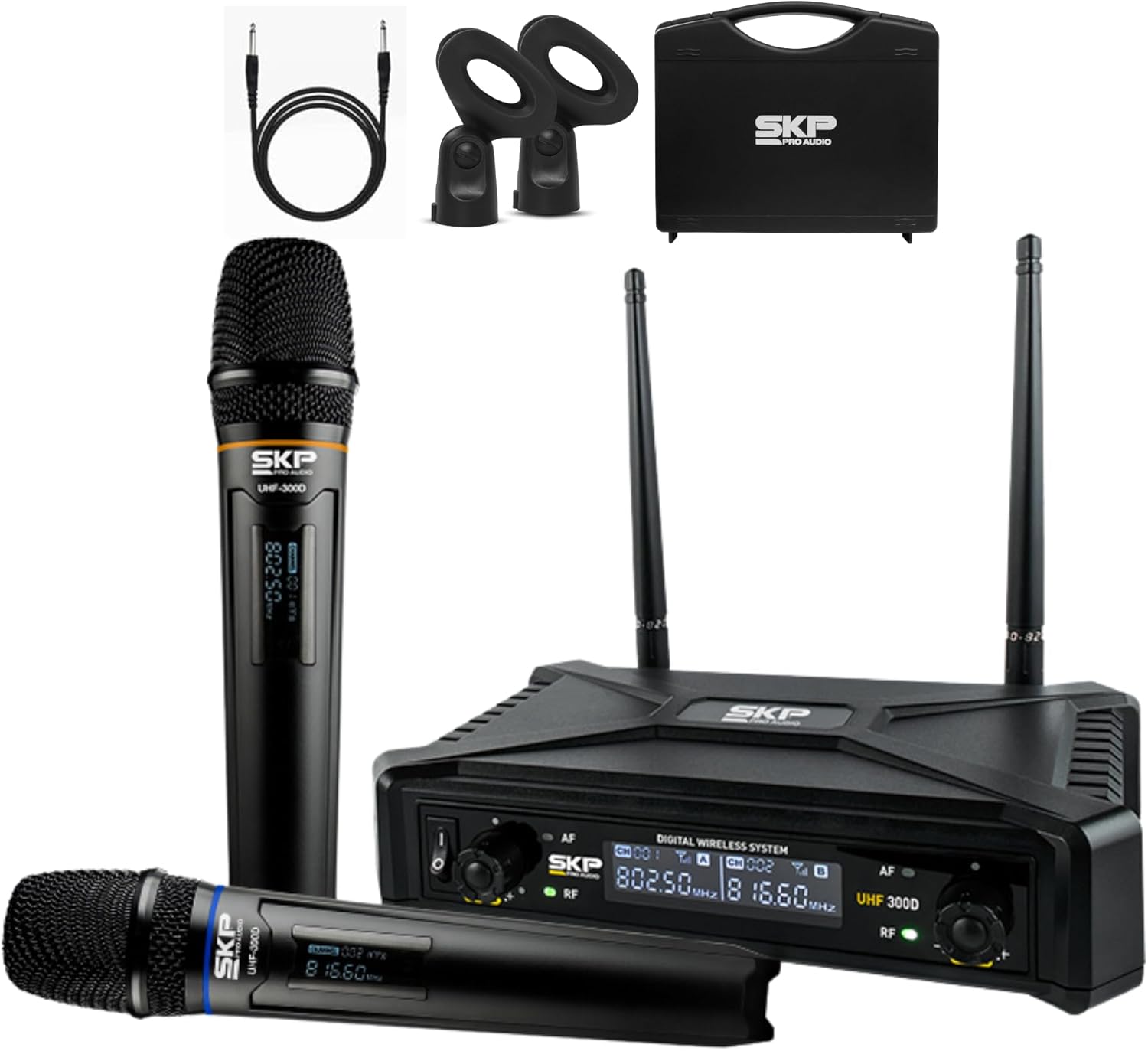 SKP Pro Audio UHF-300D Wireless Microphone System – Dual Handheld Cordless Mics with AA Batteries, 200ft Range, LCD Display, for Singing, Karaoke, Church, DJs, Stage Events - Dynamic mic