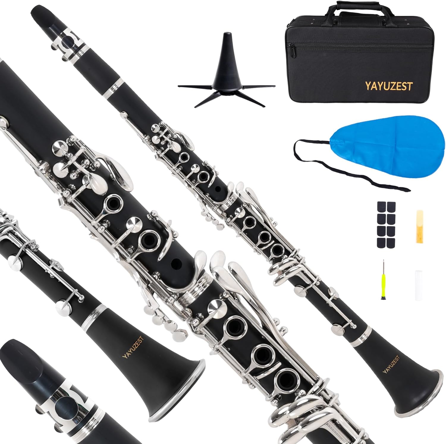 Bb Clarinet for Beginners, Bb Nickel-plated 17 Keys Clarinet for Students, Professionals and School Bands, with Hard Foam Case Barrels*2 Pads*8 Stand Cleaning Kit and White Gloves (Black)