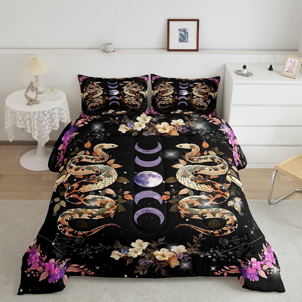 Gothic Snake Moth Comforter Set King Size,Purple Moon Stars Galaxy Boho Bedding Set All Season Quilt Set,Wild Animal Flowers Leaves Black Microfiber Polyester Down Comforter