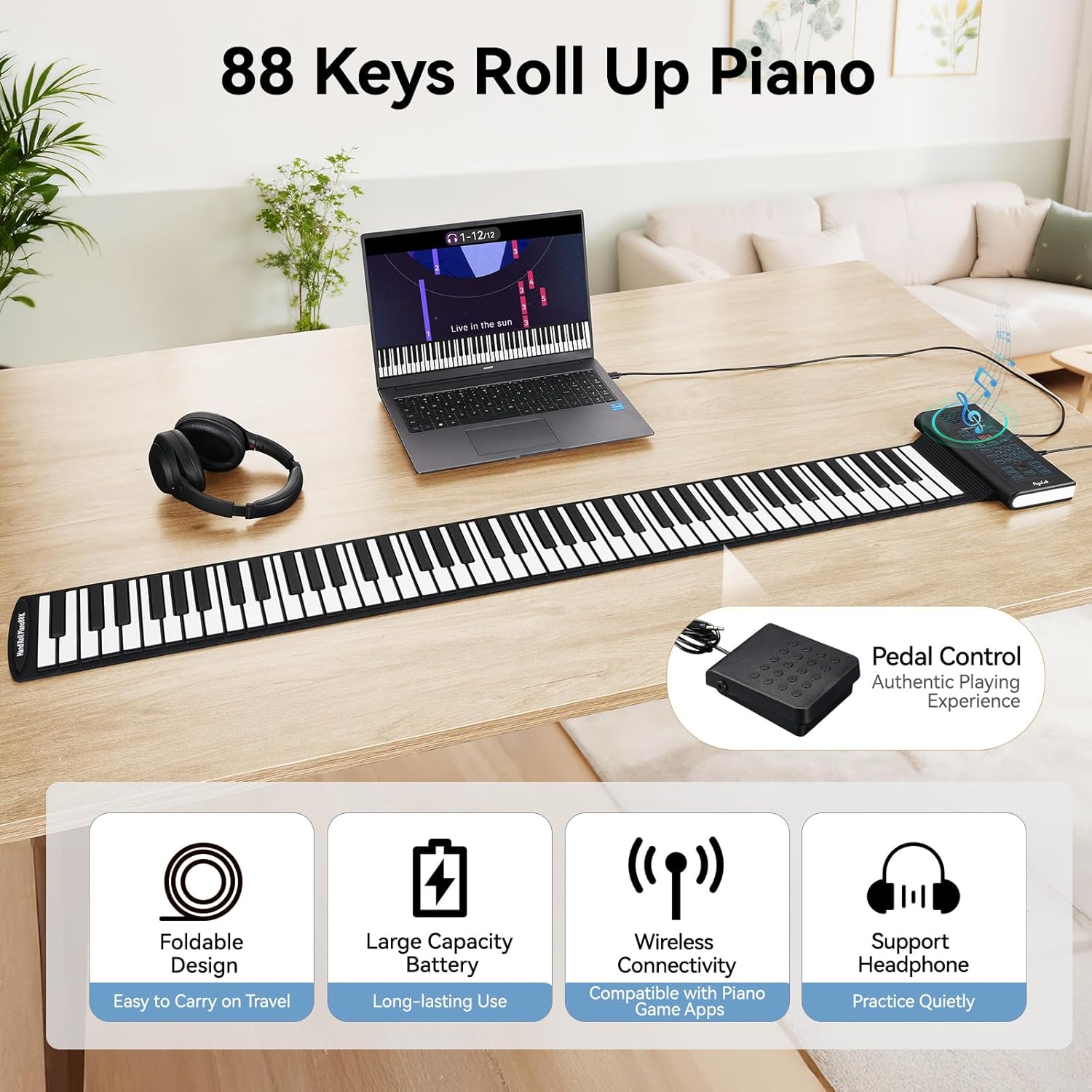88 Keys Roll Up Keyboard Piano, Portable Electric Foldable Piano with Sustain Pedal, 20 Songs, 128 Tones, 128 Rhythms, Rechargeable & Wireless BT, Music Gift for Beginners (with LED Display)