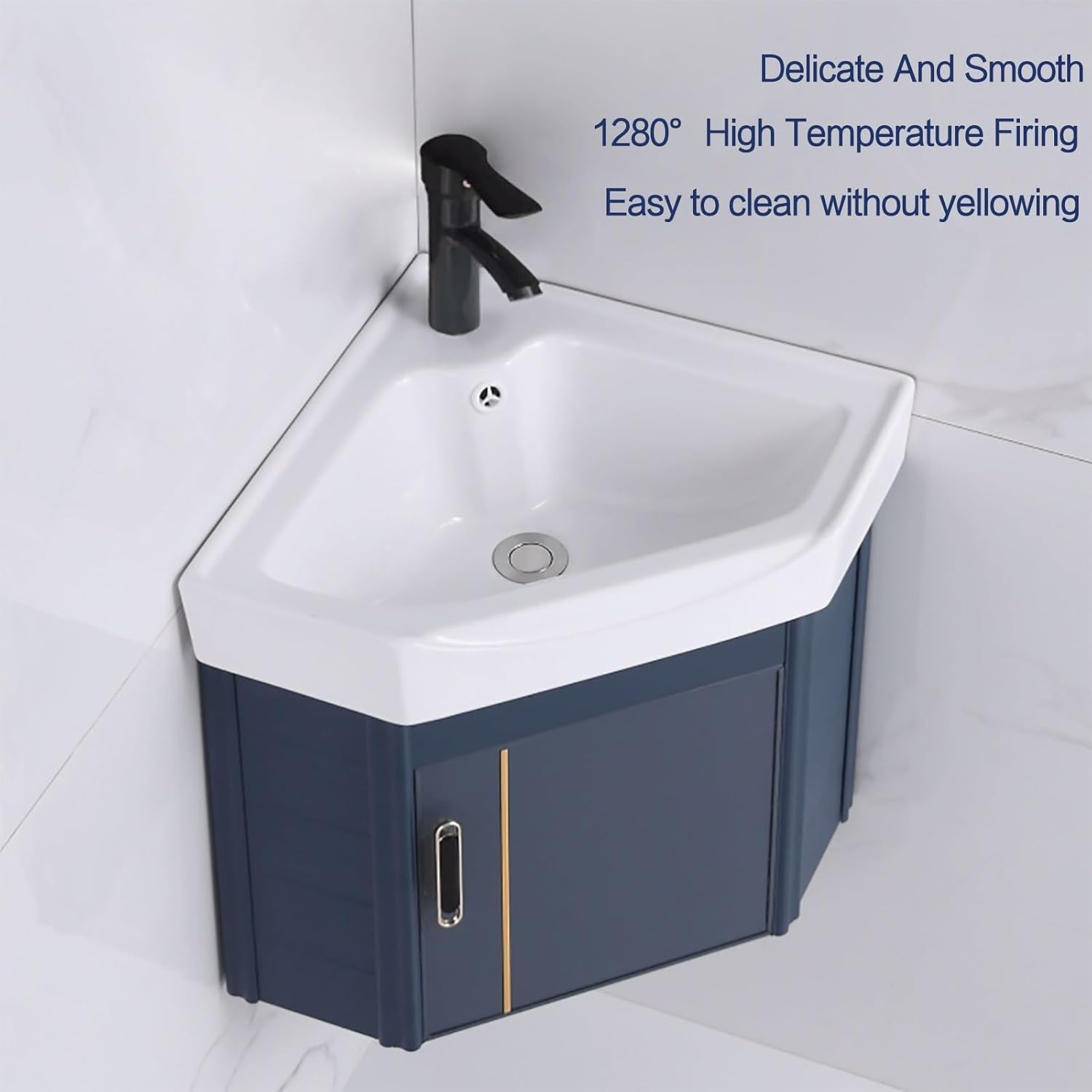 Corner Ceramic Sink，Corner Bathroom Vanity，Corner Bathroom Sink，Corner Wall Mount Bathroom Sink，Bathroom Cabinet with Faucet and Drain， Bathroom Sink with Storage Container(White,38cm/15in)