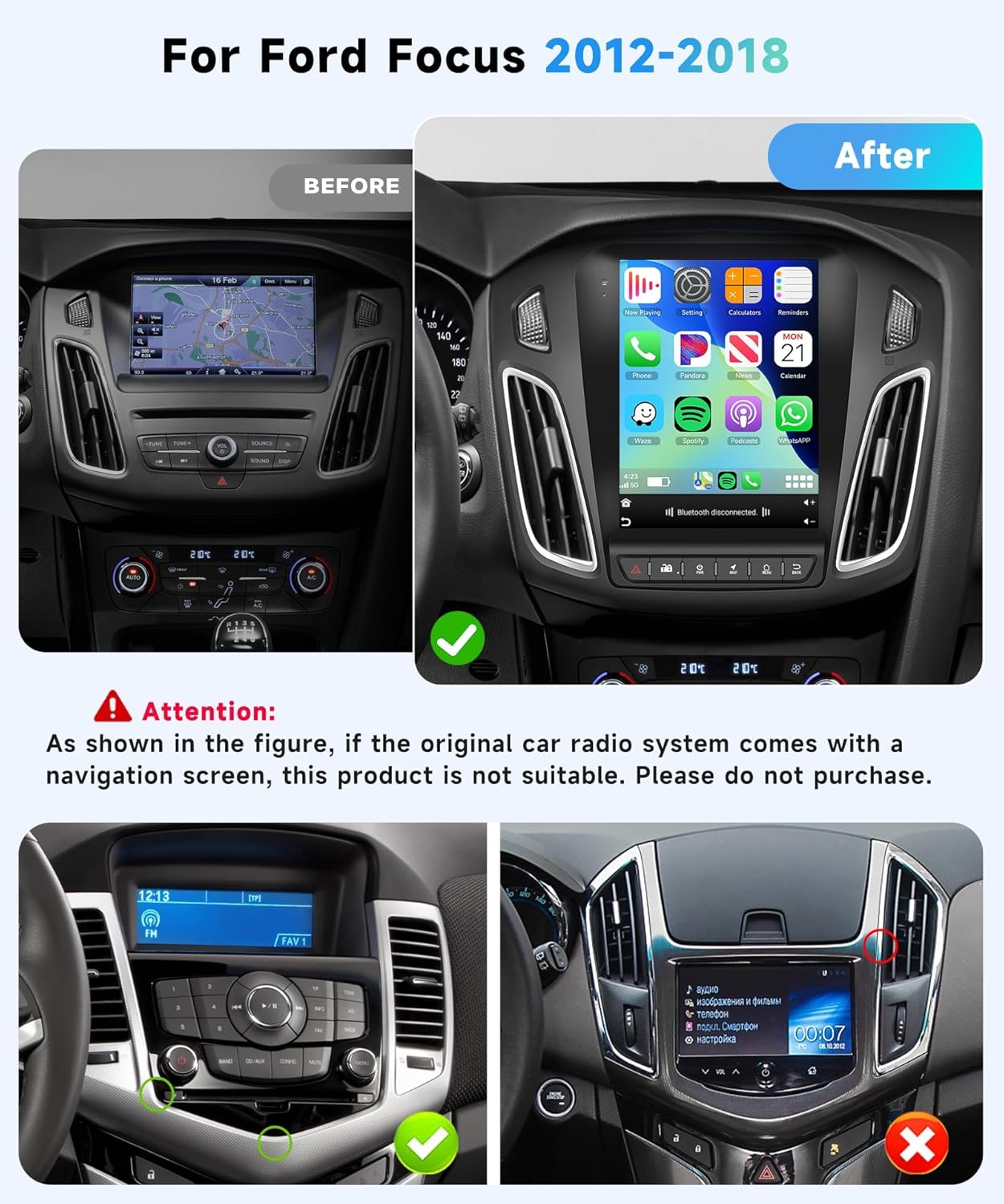 2G+64G Android 13 Car Stereo Radio for Ford Focus 2012-2018 with Wireless CarPlay/Android Auto, 9.7 inch Touch Screen Head Unit, GPS Navigation WiFi Bluetooth SWC HiFi Audio HD Backup Camera