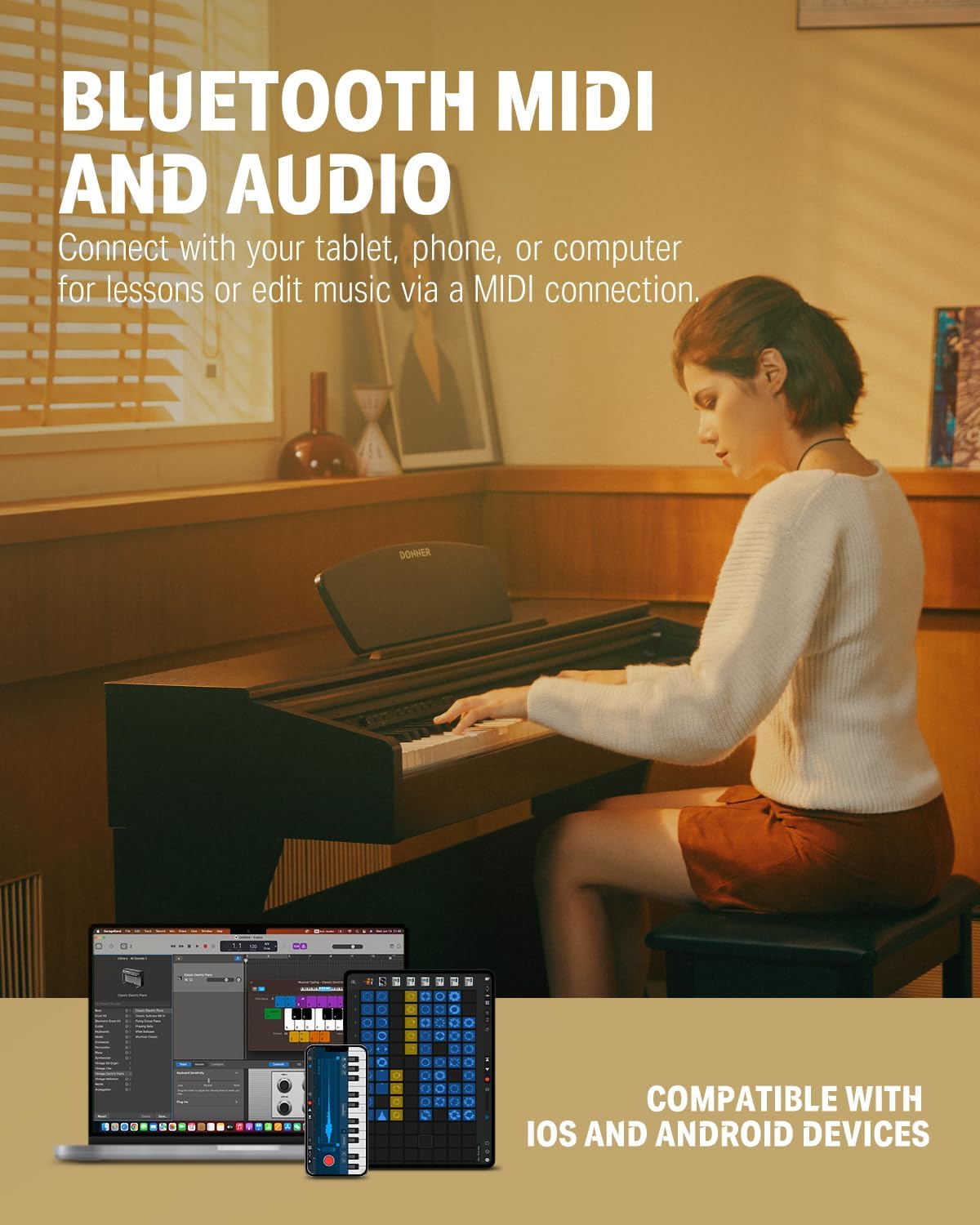 Donner DDP-300 Digital Piano with 88 Graded Hammer Action Weighted Keys, Record, Bluetooth, 10 Voices, 4 Reverb, Speakers, Professional Full Fize Key Keyboard Electric Dark Rose