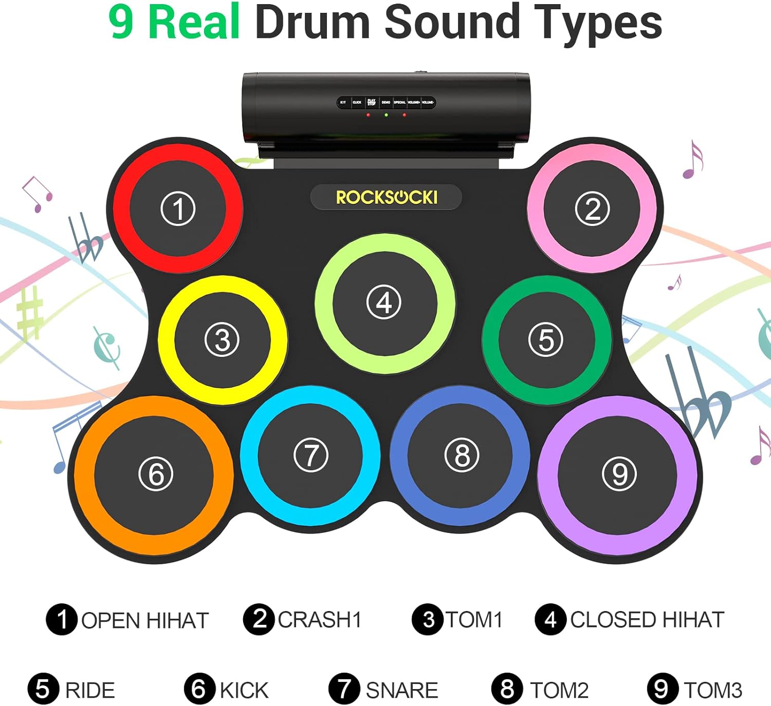 ROCKSOCKI Electric Drum Set 9-Pad With Headphone, Bigger Roll-up Drum Pad USB MIDI Game, Built-in Speaker, Drum Sticks, Foot Pedals 10 Hours Playtime Holiday Xmas Birthday Gift for Kids
