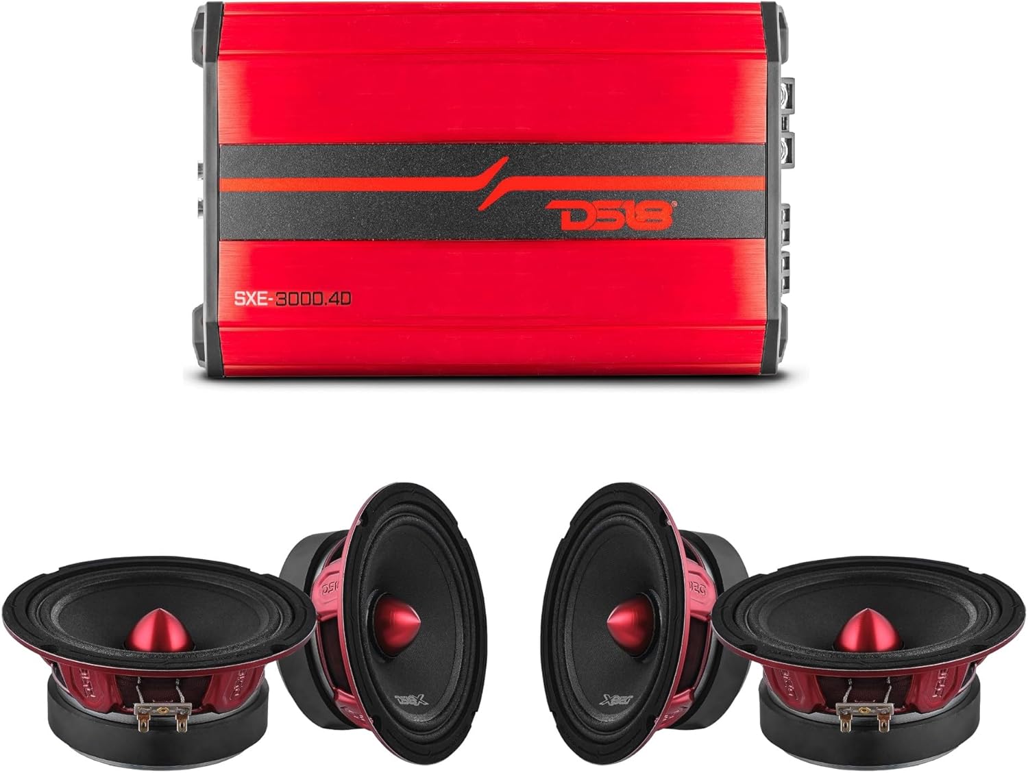 DS18 Amplifier 4-Channel & 4X 6.5 Midrange Loudspeakers with Bullet - PowerSound Bundle Great for Car/Truck Stereo Sound Systems
