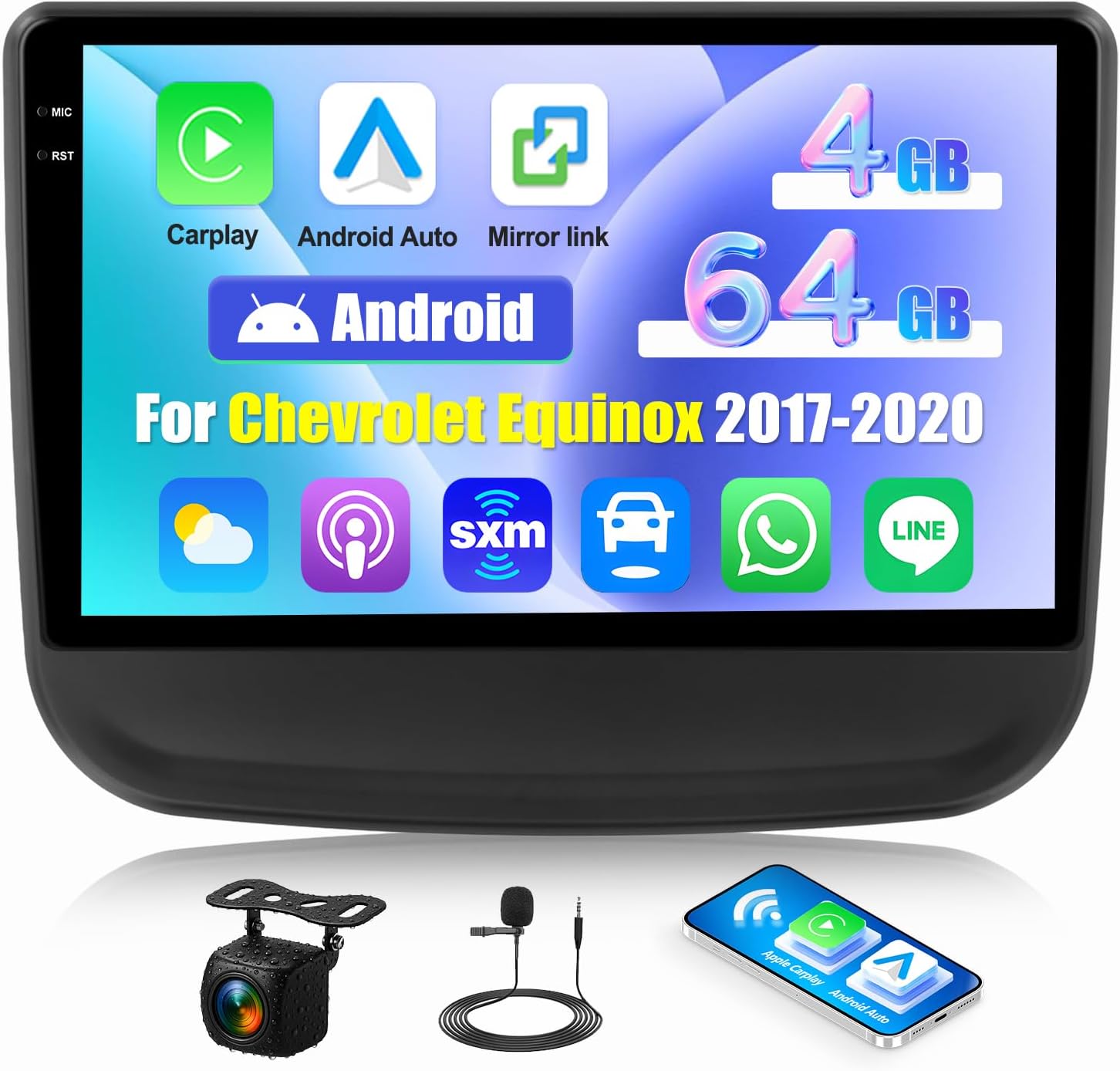 [4G+64G] Android 15 Car Radio for Chevrolet Equinox 2017 2018 2019 2020 with Carplay Android Auto 10 Inch Touch Screen Bluetooth FM RDS/WiFi/GPS Navigation/SWC+AHD Backup Camera