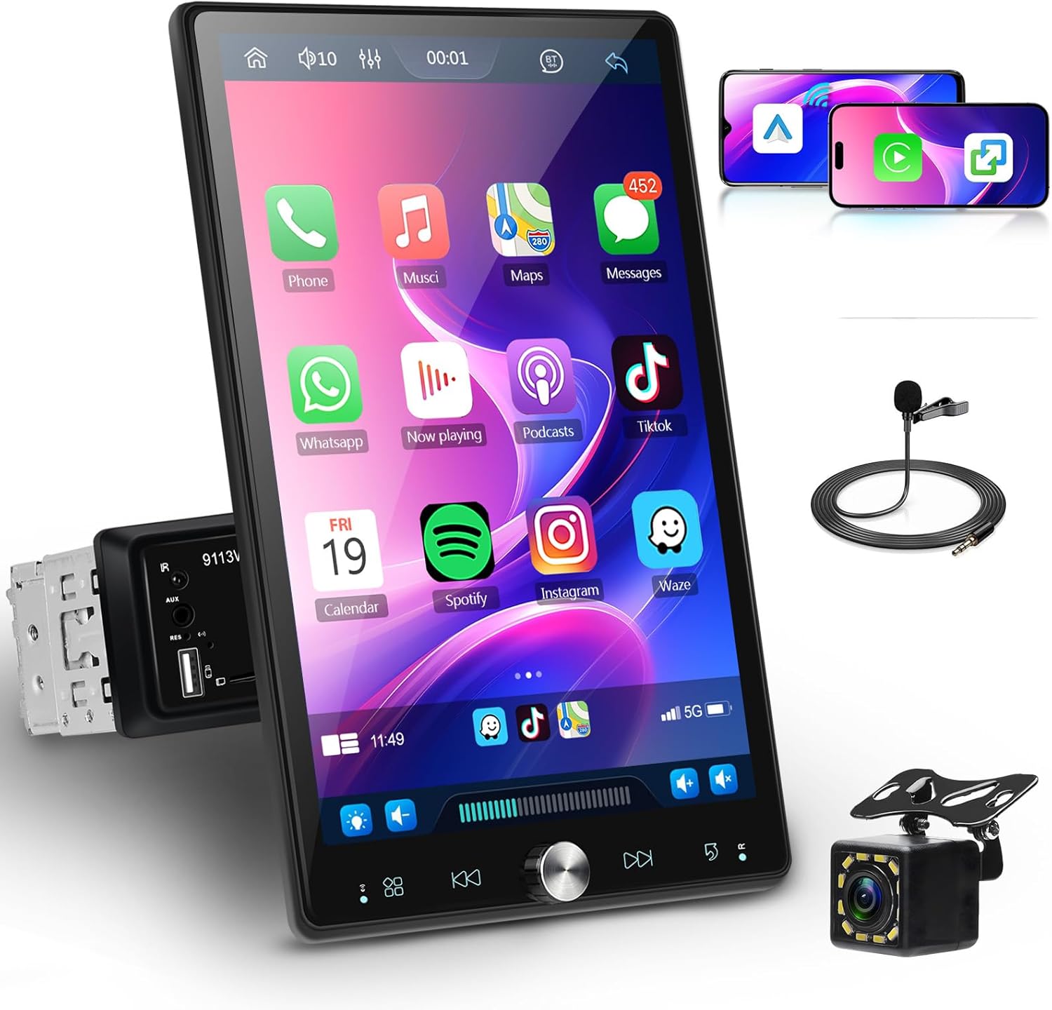 Car Stereo Single Din 10.4 Inch Vertical Screen Wireless Carplay Android Auto, Car Radio Touchscreen Bluetooth Car Multimedia MP5 Single Din Support FM/RDS, Mirror Link, USB/AUX/TF SWC, Backup Camera