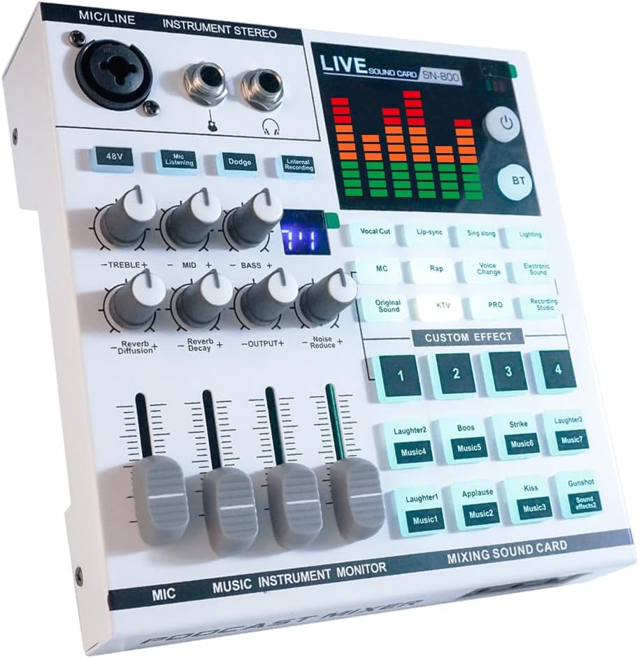 SN800 48V Gaming Audio Mixer, 16 Level Intelligent Noise Reduction+Bluetooth playback, 12 Electronic Sounds/5 Variable Sounds, OTG Connection Sound Card for Streaming Live/Game Voice/Recording