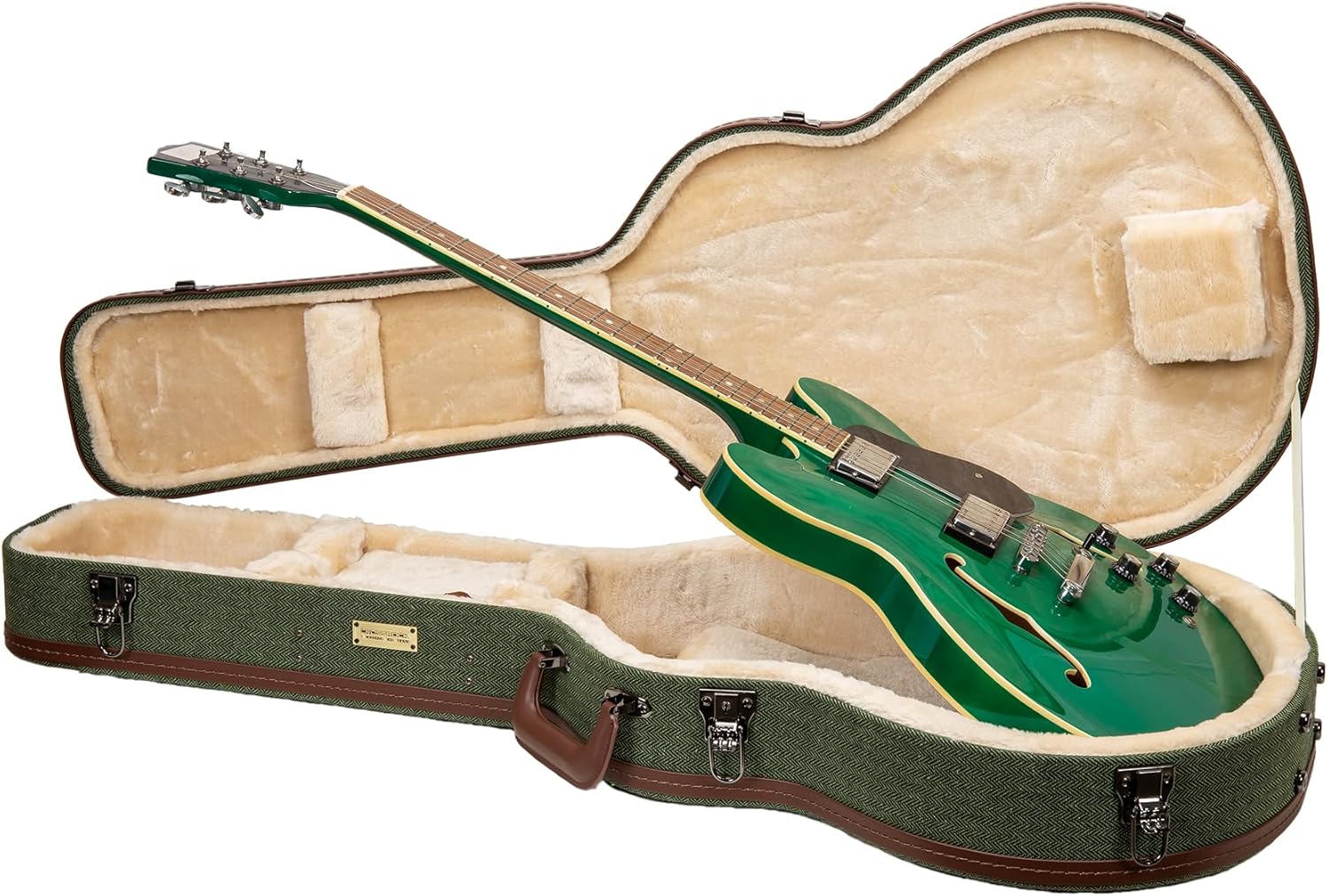 Crossrock 335 Style 6-String Semi-Hollow Electric Guitar Case | Green Chevron Tweed, Plush Velvet Interior, Genuine Leather Handle & Security Lock, Reinforced Hardware – Master Series (CRW760SAGN)