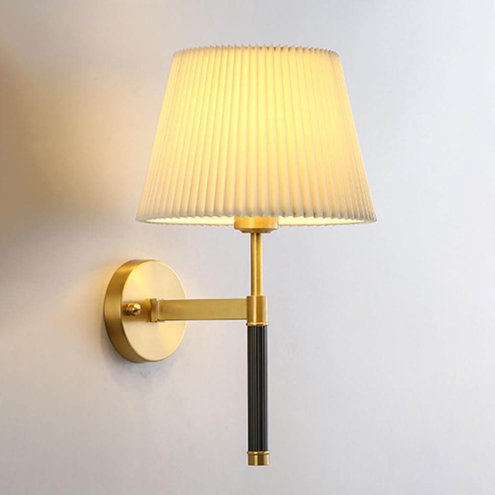 Gold Wall Sconces Pleated Fabric Wall Lamp, 1-Light Brass Vanity Retro Hardwired Indoor Vintage Industrial Wall Mount Lamp Fixture Lighting for Bedroom Bedside Living Room Hallway