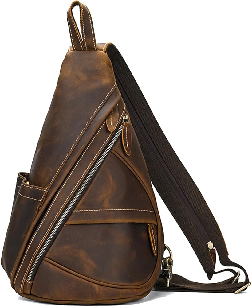 O-TBOST Genuine Leather Sling Bag for Men Convertible Backpack Purse Travel Rucksack Shoulder Chest Daypack (Brown)