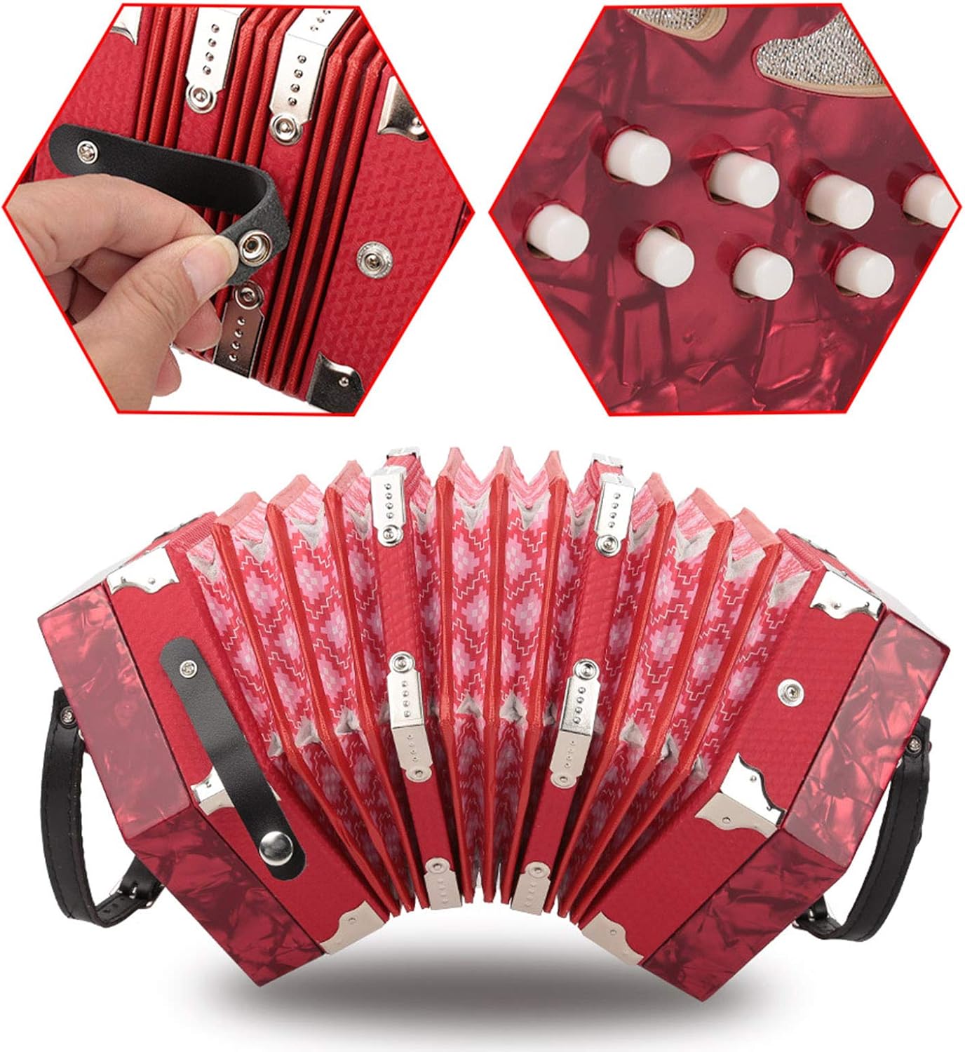 Concertina Accordion, 20 Keys Piano Accordion Instrument Professional Accordion Concertina with 2 Adjustable Straps and Bag for Kids Students Beginners Adults Friends(Red)