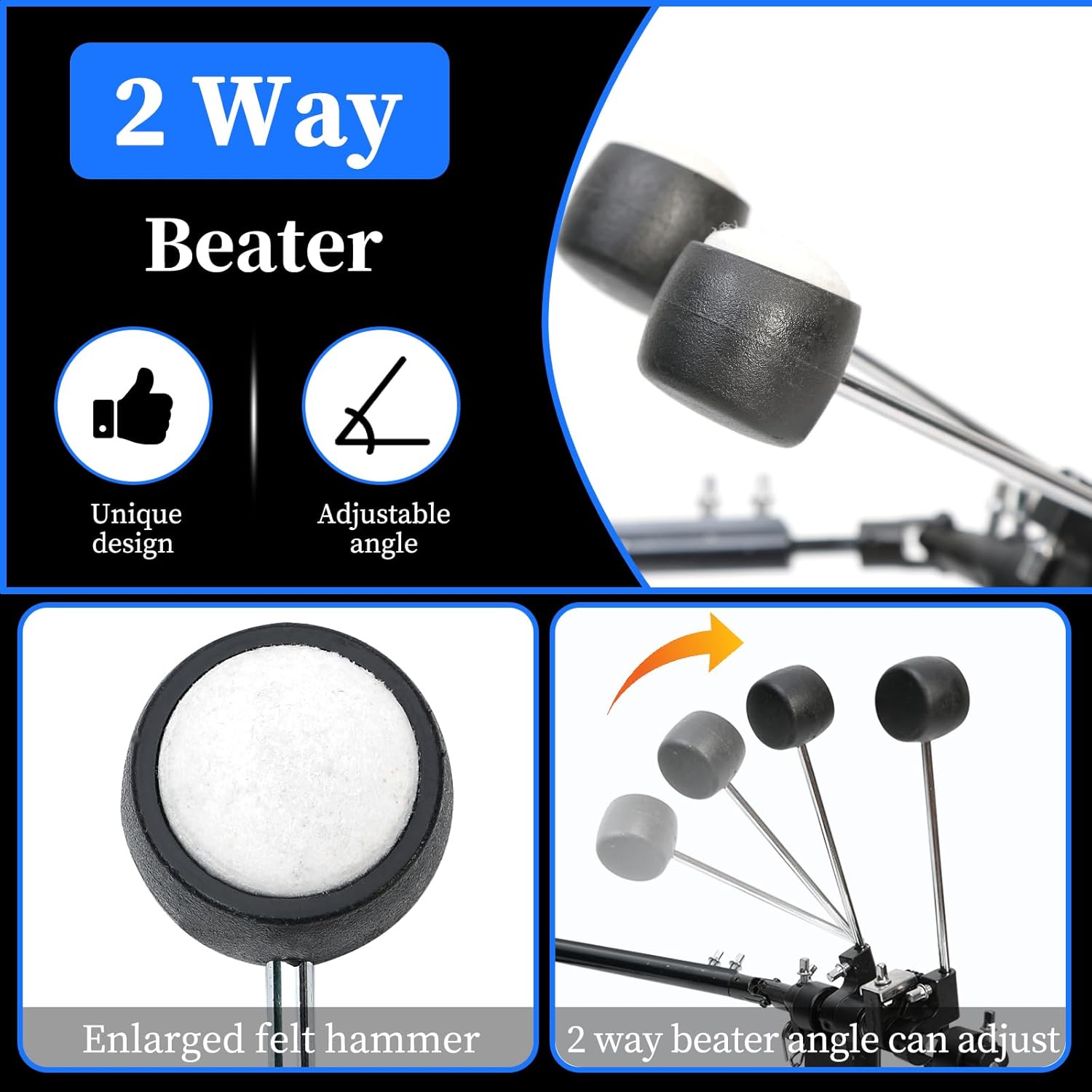 Double Bass drum Pedal,Double Bass Pedal with Adjustable Beater Head,Double Chain Drive Foot Kick Pedal with Drum Key for Drum Set and Electronic Drums (Silver, Double drum pedal)