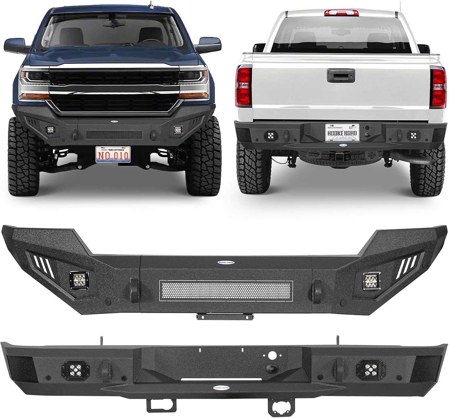 Hooke Road Silverado 1500 Front and Rear Bumper Set for 2016 2017 2018 Chevy Chevrolet Silverado 1500 Pickup Truck, Heavy Duty Offroad Bumpers with D-Ring Mounts & LED Lights