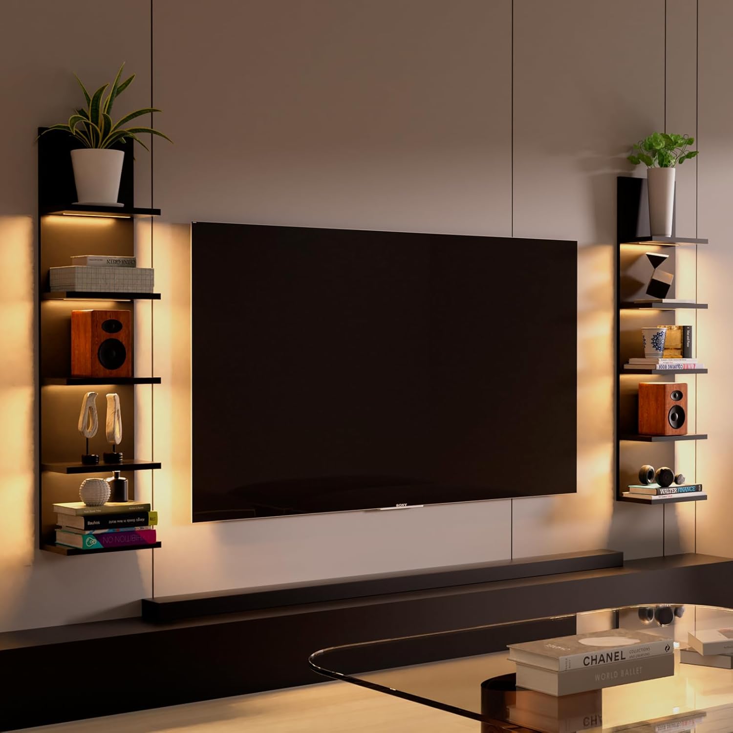 Homaterial 5 Tier Wall Shelf Unit, Black Modern Vertical Lack Wall Shelves with Light, Wall Mount, Floating Column Home Decor Shelves for Bedroom, Living Room, Vanity Storage Display