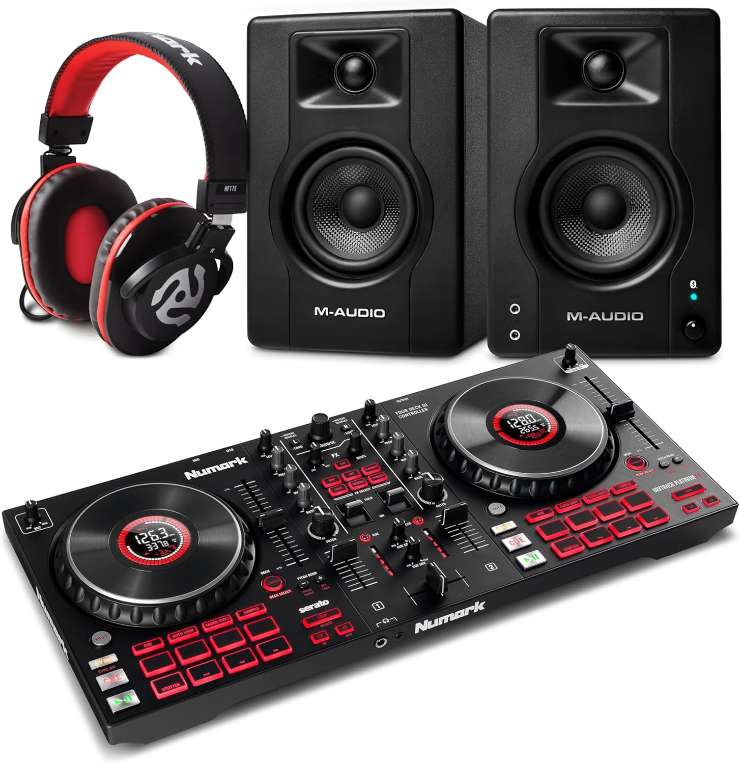 Numark Mixtrack Platinum FX DJ Controller and M-AUDIO BX3 Pair Bluetooth Studio Monitors with Headphones for Studio Recording, Music Production, Podcasting, Streaming