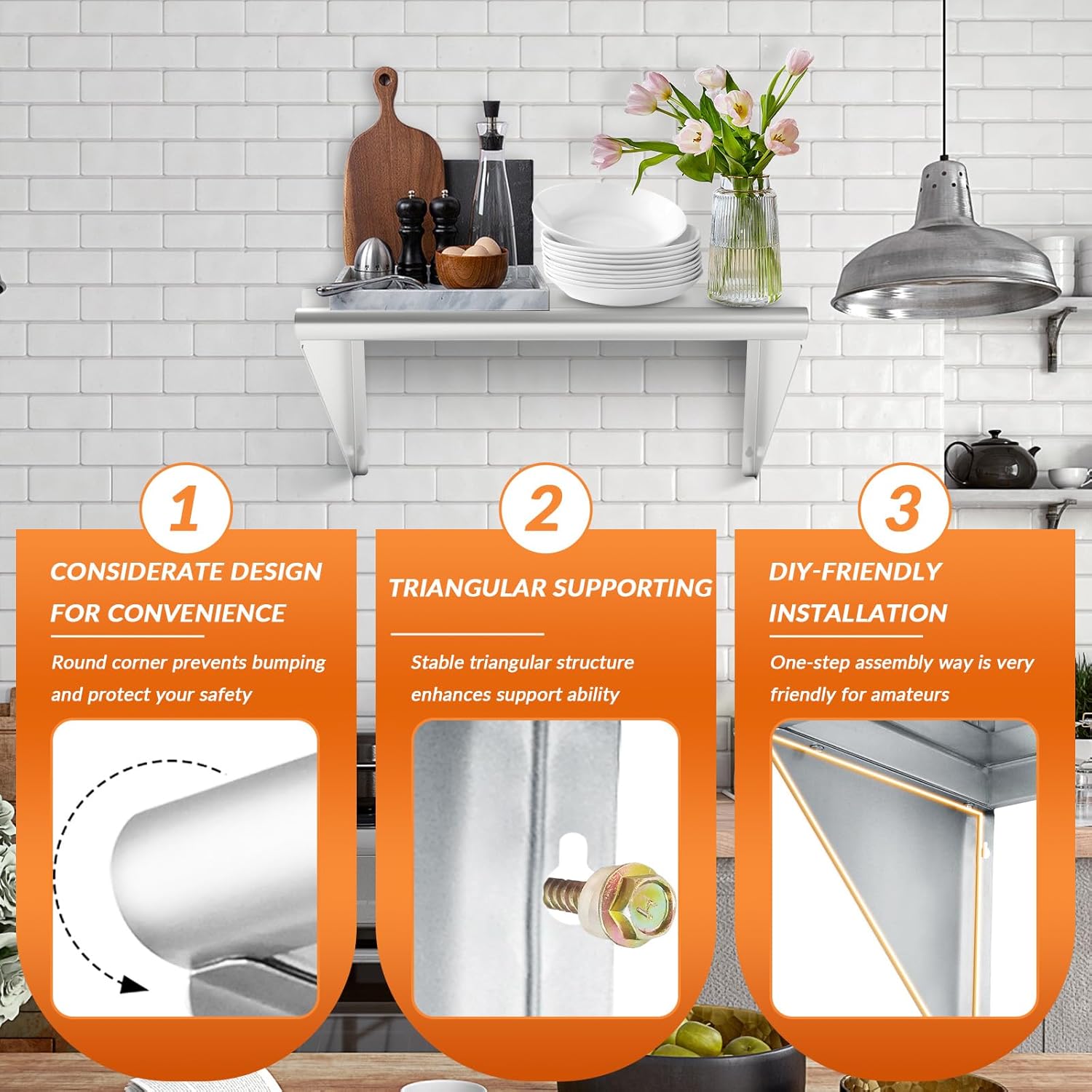 Commercial Stainless Steel Shelf 12 x 24” 2 Pack, Wall Mounted Food Service Storage Rack Shelves, Heavy Duty 250 lb Metal Shelf for Kitchen, Restaurant, Food Truck, Garage, Laundry Room