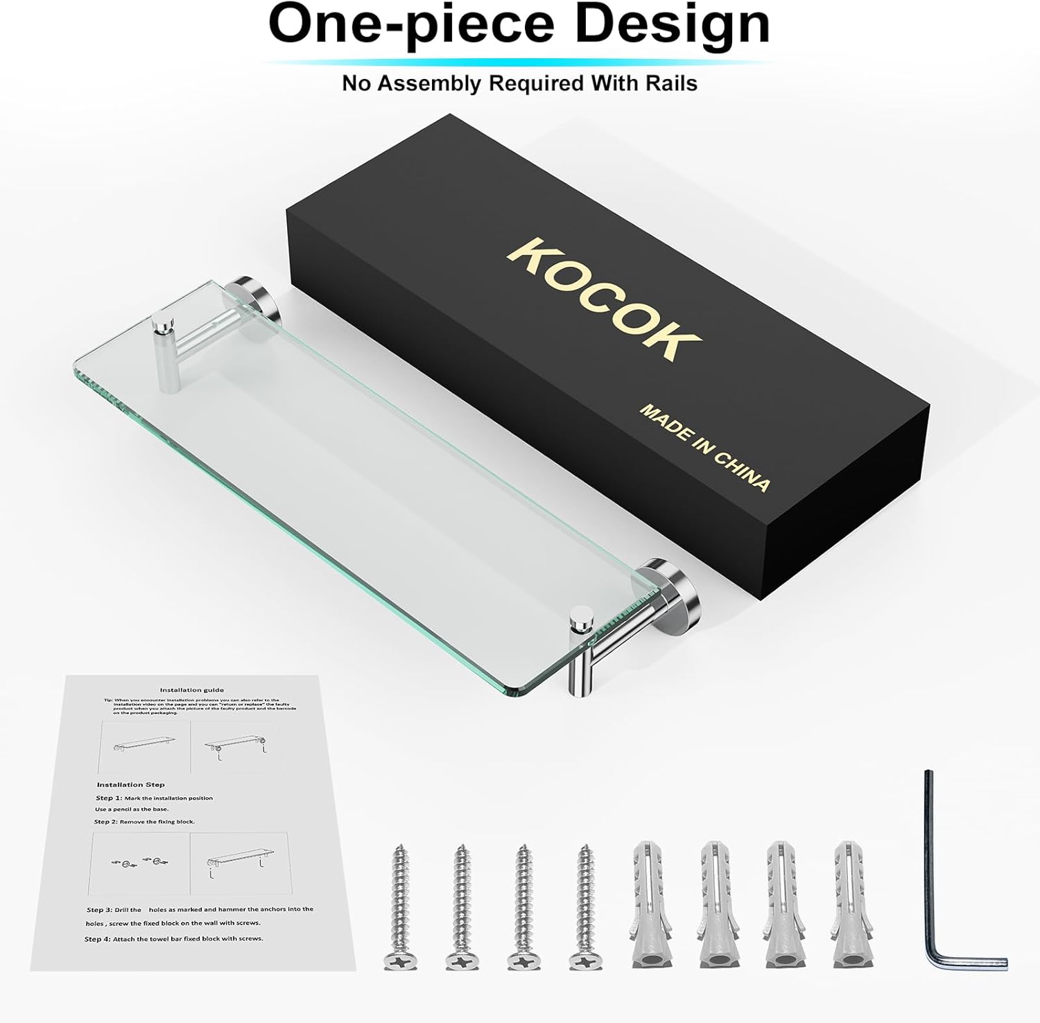 Bathroom Glass Shelf Wall Mount 2 Pack, 16-Inches Floating Glass Shelves,Glass Shelf with Towel Bar (Chrome Polished)