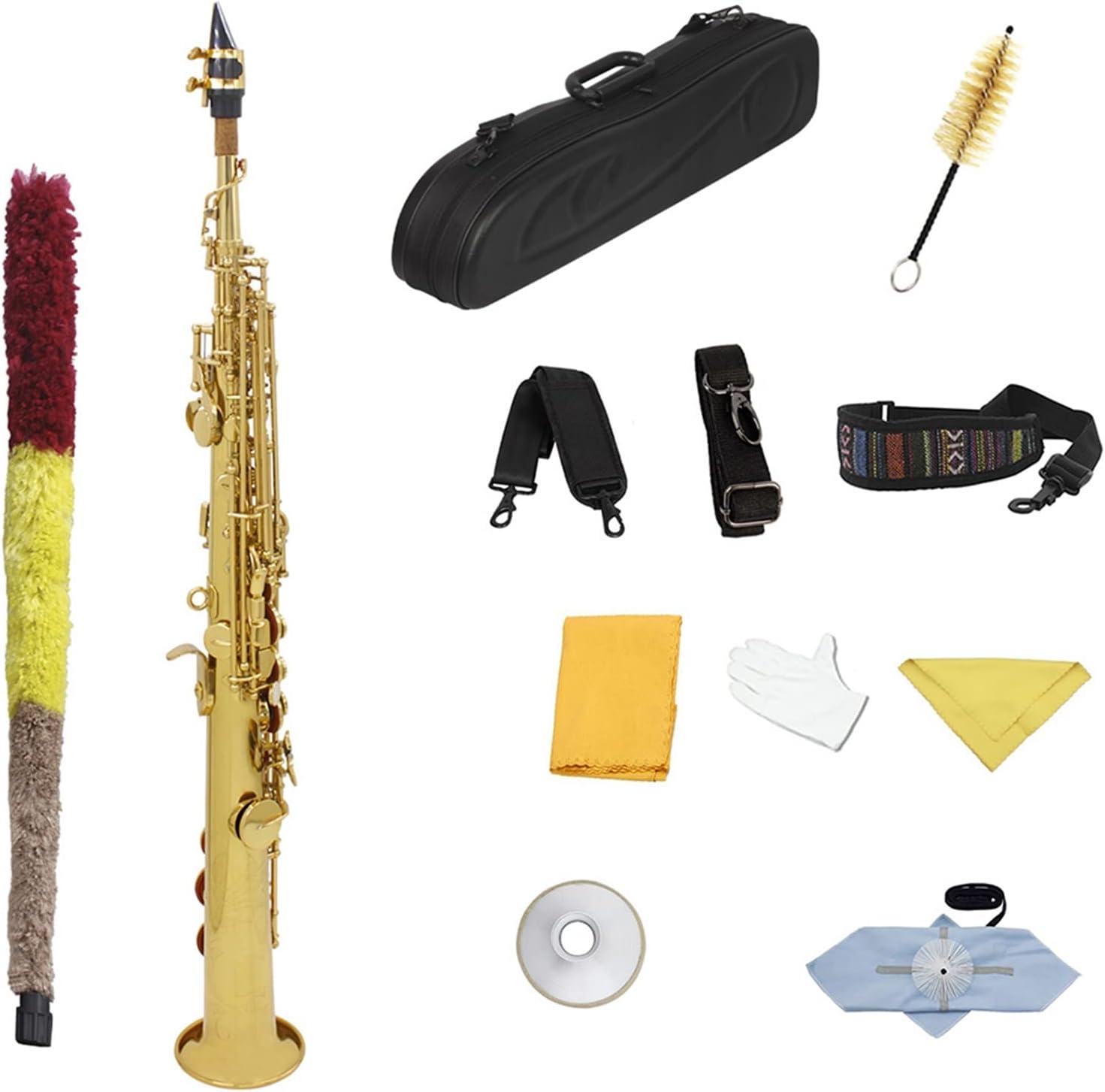 Bb Saxophone Brass Gold Lacquer Straight Saxophone Woodwind Musical Instrument with Case (Color : Golden Saxophone)