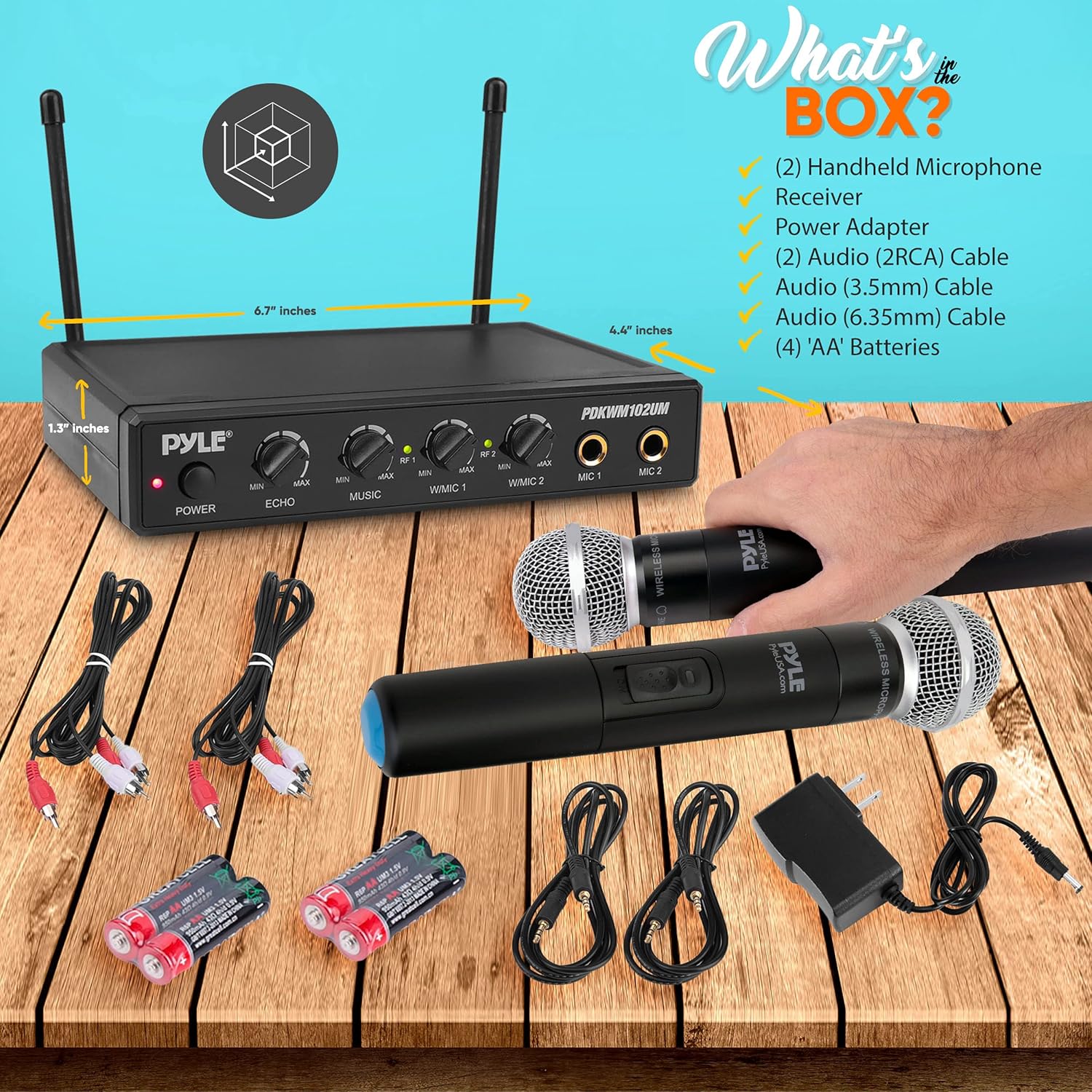 Pyle Wireless Karaoke Microphone System - Portable Audio Sound Mixer Receiver Set w/Dual Mic Setting, Two Handheld Mics, 3.5mm AUX & RCA Cord - for DJ Sound, Home Party, & Theater - PDKWM102UM