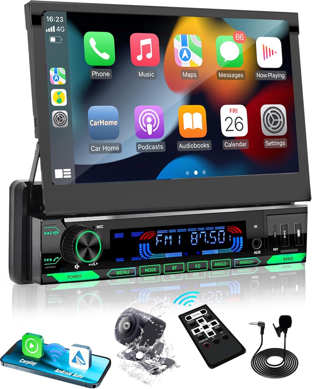 Y-METDRVIING Motorized Single Din Wired Carplay Car Stereo with Bluetooth 5.1, 7 Inch flip Out Touchscreen Car Radio MP5 Player,Flip up car Stereo with Android Auto, Mirror Link/USB/FM/Backup Camera