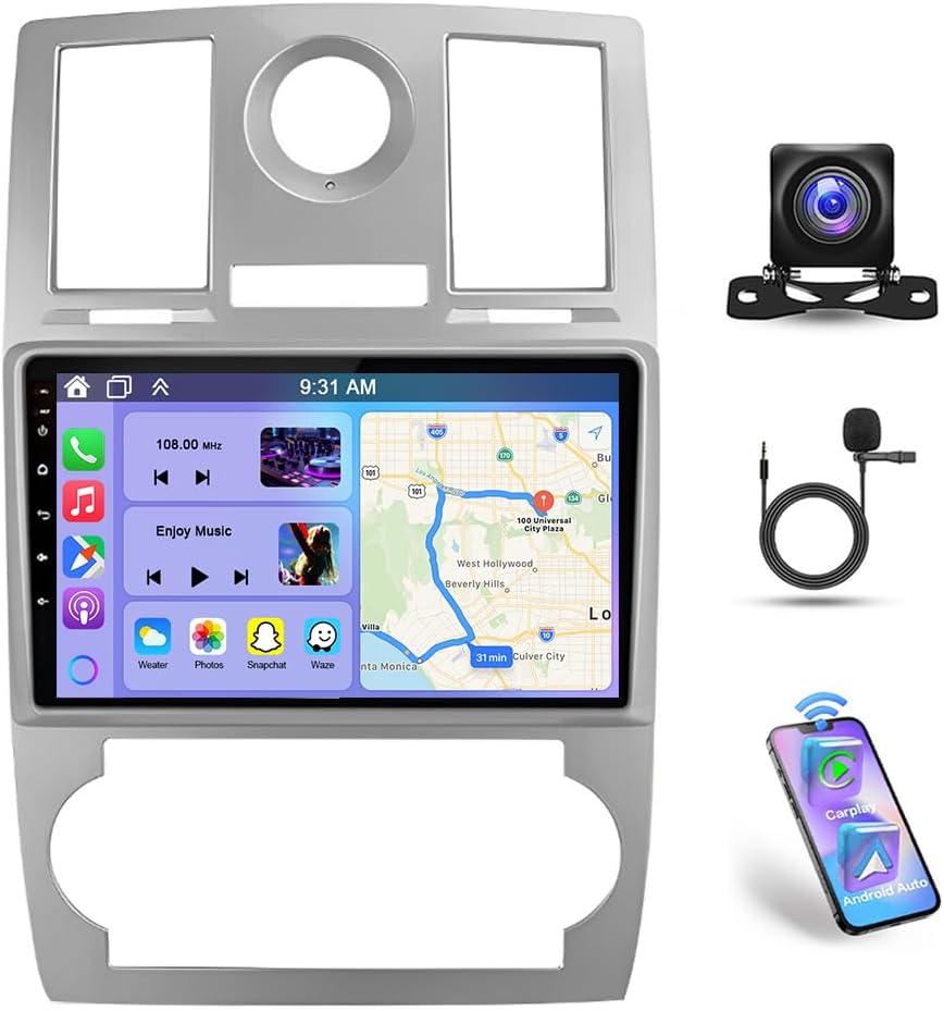 Car Stereo for Chrysler 300 C 300C 2004-2007 with Wireless Carplay Android Auto, 9 Inch IPS Touch Screen 2G+32G Android Double Din Car Radio Receiver w/GPS Bluetooth WiFi FM EQ SWC BT Backup Camera