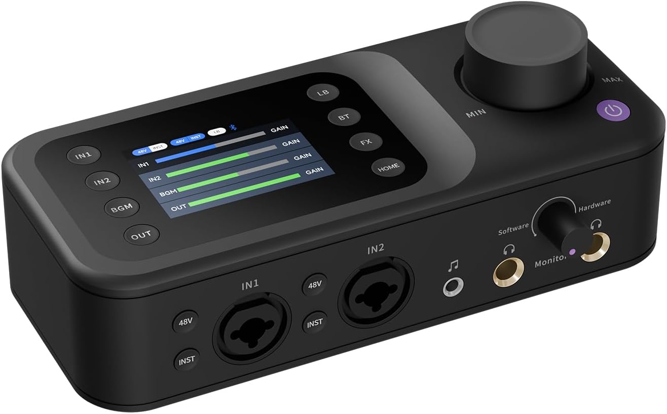 NearStream Audio Interface with Pro Preamp, Dual XLR/6.35mm Inputs, 48V Phantom, Dual Monitoring, 10 Channels, LCD Screen, Loopback, Reverb, Compact Audio Mixer for Podcast/Stream/Music/Game (AMIX40U)