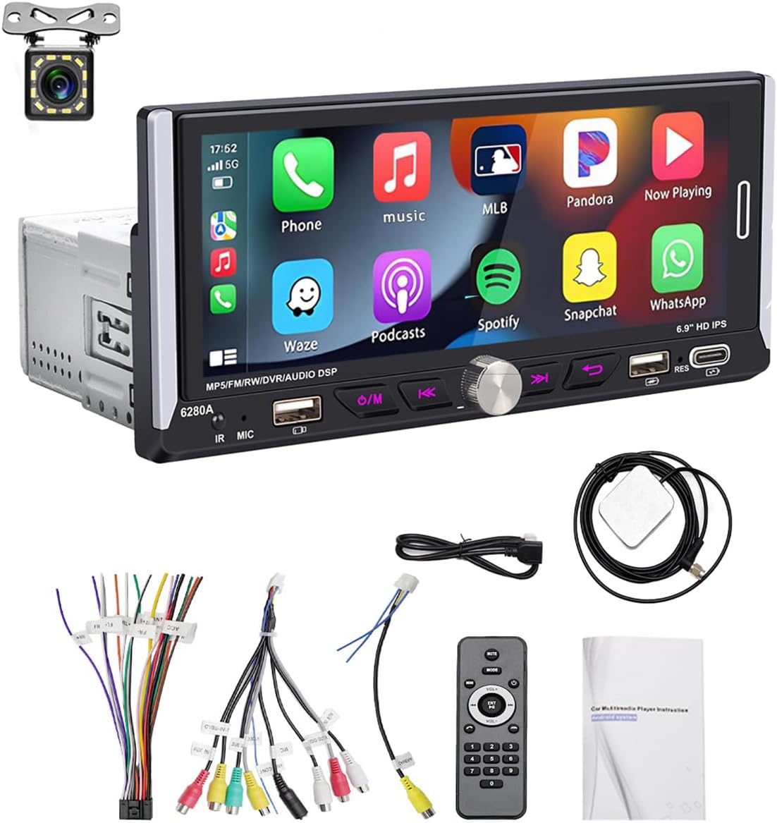 Car Stereo Bluetooth,Wireless CarPlay & Android Auto Car Radio Universal 1 Din, 2+64G Android Car Radio Receiver, RDS FM/WiFi/GPS/Mirror Link/USB Type C Charging Media Player and 12LED Camera