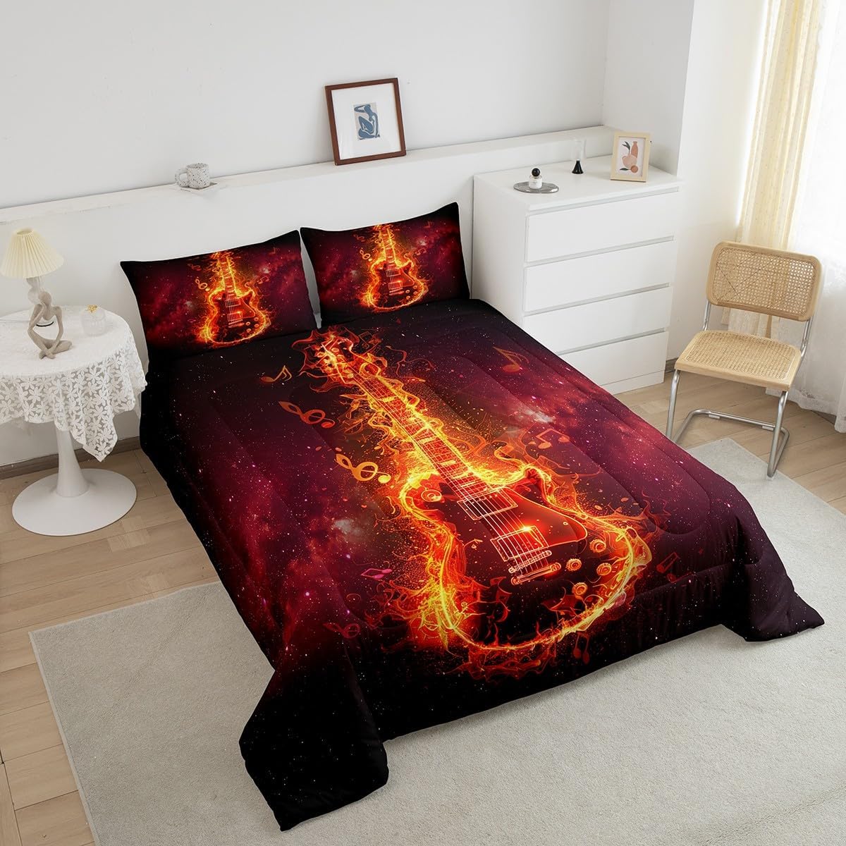 Red Bass Kids Comforter Set King Size,Fire Decor Musical Instrument Notes Quilted Duvet with 2 Pillowcases Guitar Pattern Nebula Galaxy Comforter for Boys Teens Bedroom