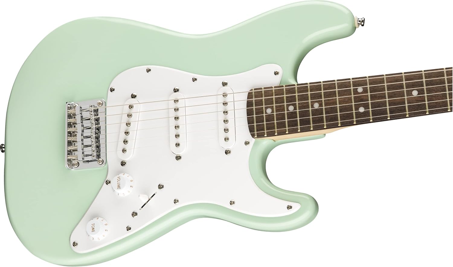 Fender Squier 3/4-Size Kids Mini Strat Electric Guitar - Surf Green Bundle with Amplifier, Instrument Cable, Tuner, Strap, Picks, Online Lessons, and Austin Bazaar Instructional DVD
