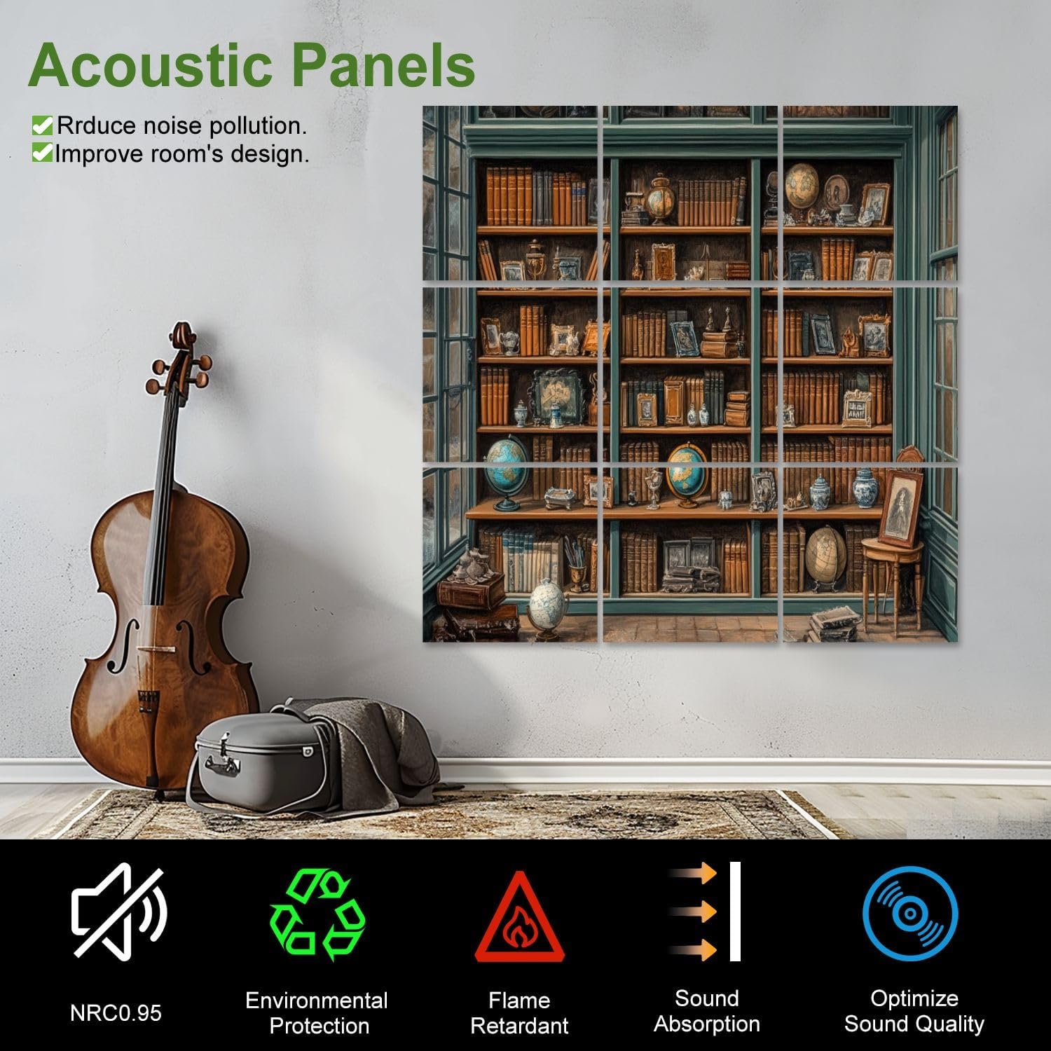 Art Acoustic Panels Self Adhesive Liry Bookshelf Antique Shop Setting Rich 9 Packs Decorative Soundproof Wall Panels Large Sound Absorbing Panels for Home Office 60