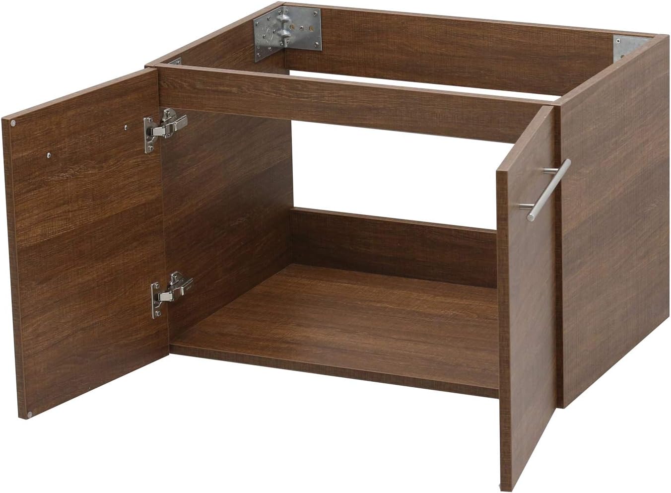 Wall Mount Floating Bathroom Vanity Sink Set. Rustic Brown Vanity, White Flat Stone Countertop Ceramic Sink - 36